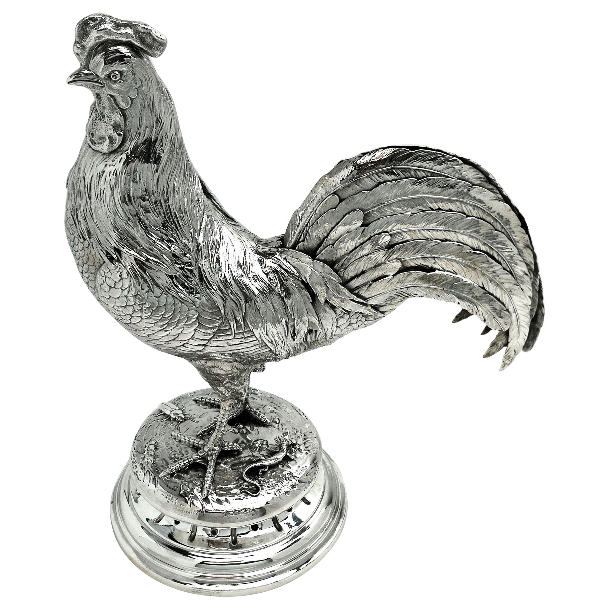 Ancienne figurine de coq en argent allemand sur socle 1899 'Import Mark' (marque d'importation)