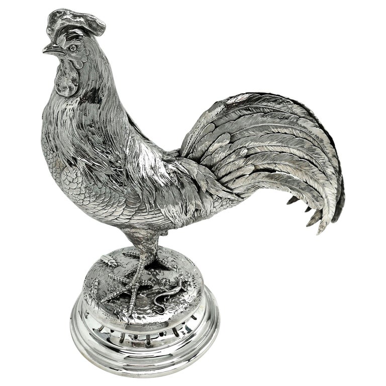Antique German Silver Cockerel / Rooster Model Figure on Base 1899 ‘Import Mark’