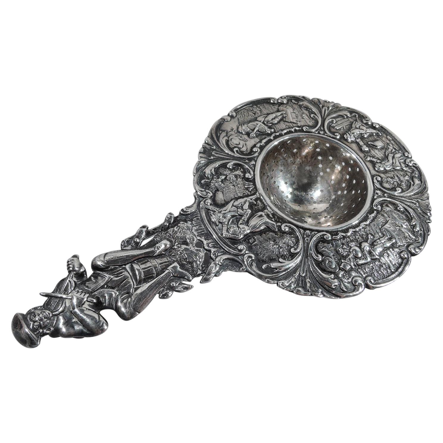 Antique German Silver Tea Strainer Decorated with Lady and Gentleman