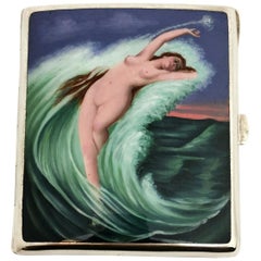 Antique German Silver & Enamel Cigarette Case c 1900 Erotic Nude Sea Ocean