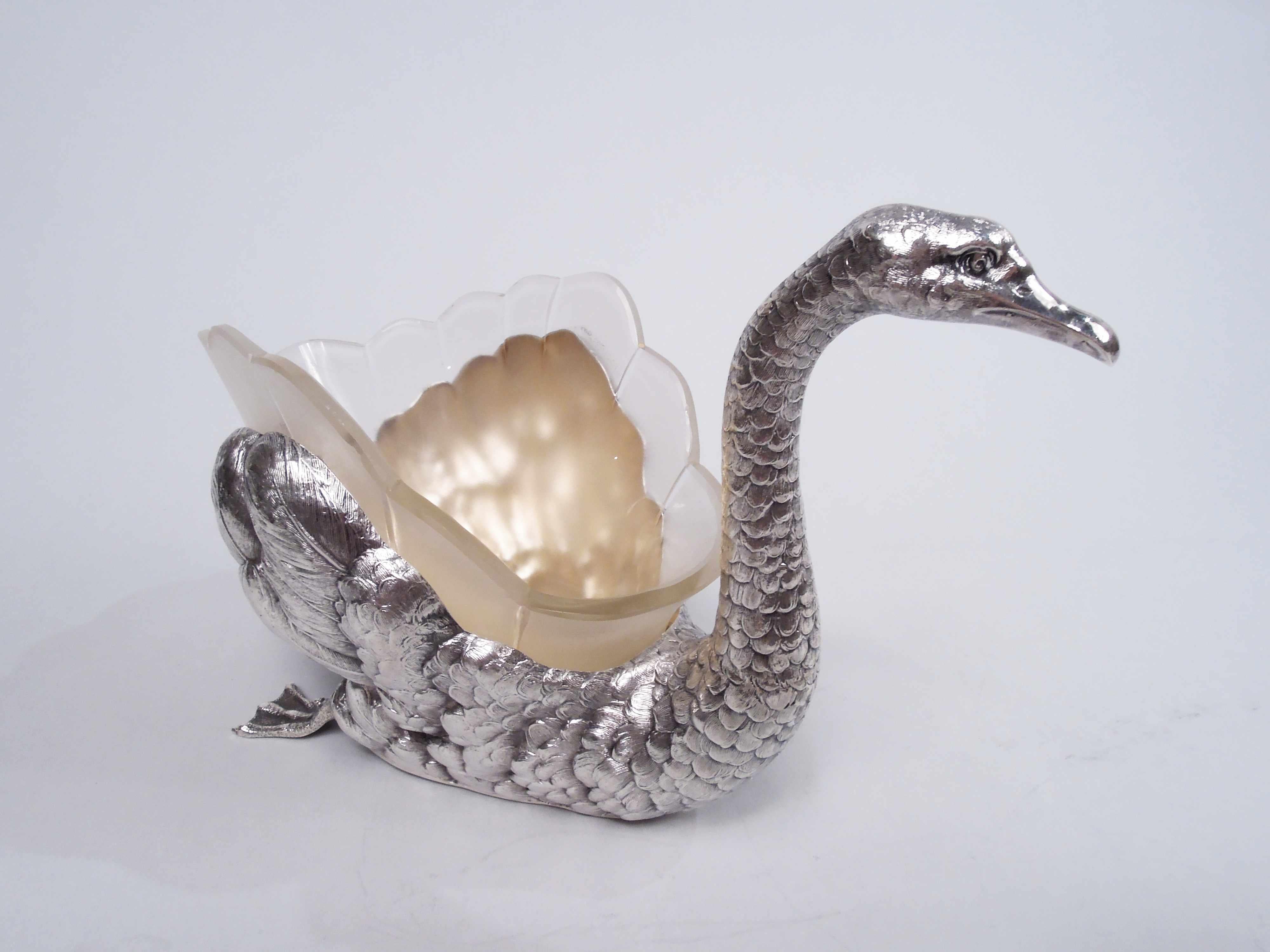 Édouardien Antique bol à oiseaux en argent allemand Figural Swan avec couvercle en verre en vente