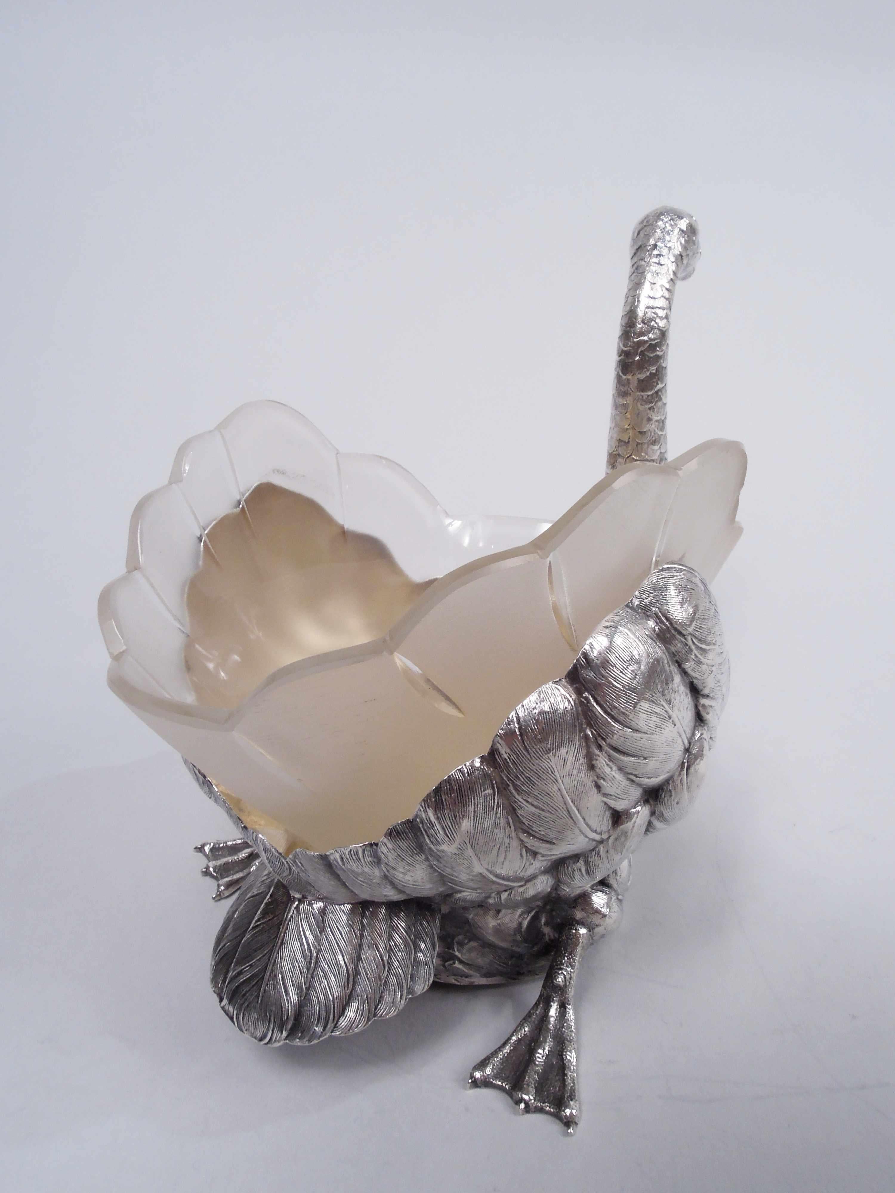 Antiguo cuenco de plata alemana con figura de pájaro cisne y forro de cristal en Bueno estado para la venta en New York, NY