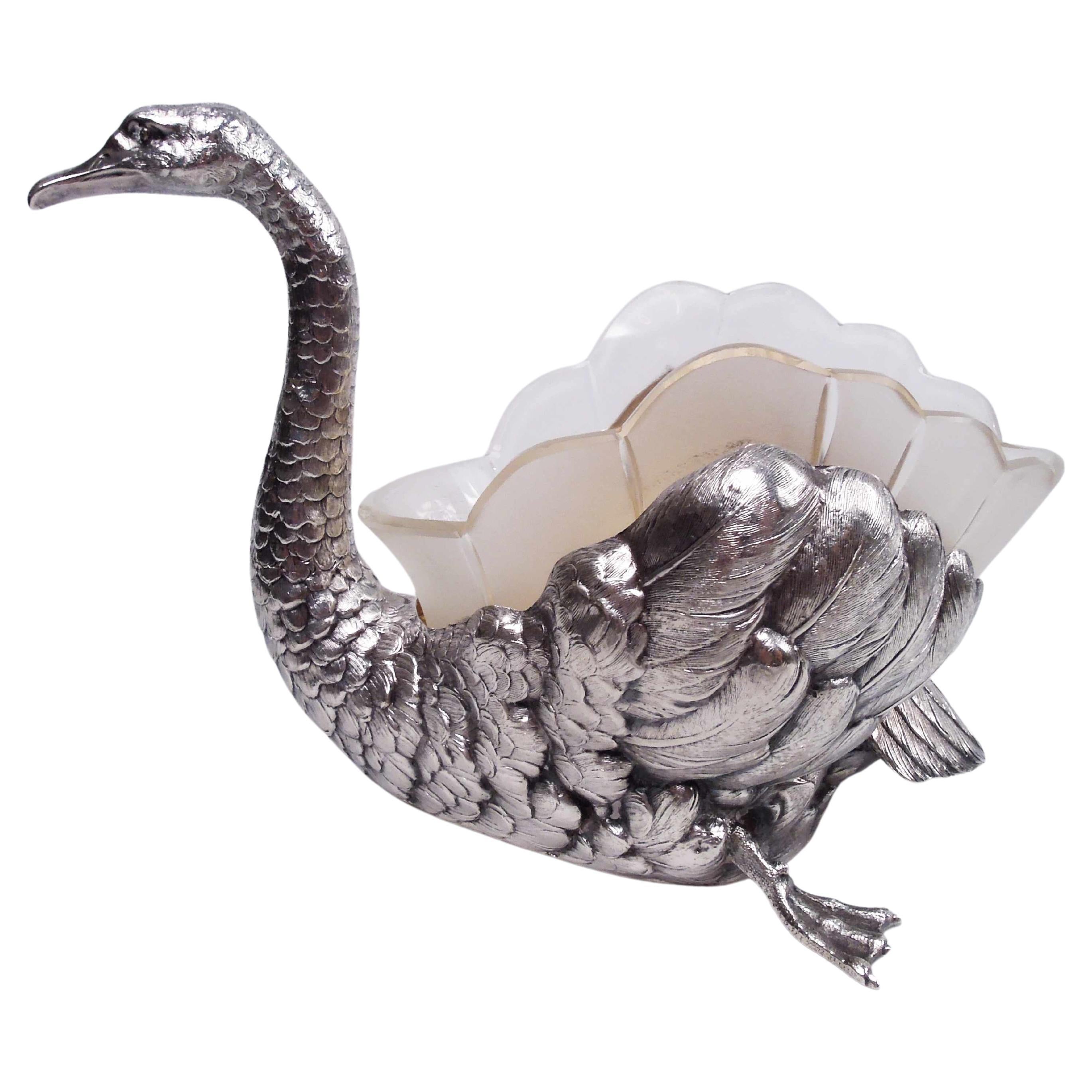 Antique bol à oiseaux en argent allemand Figural Swan avec couvercle en verre en vente