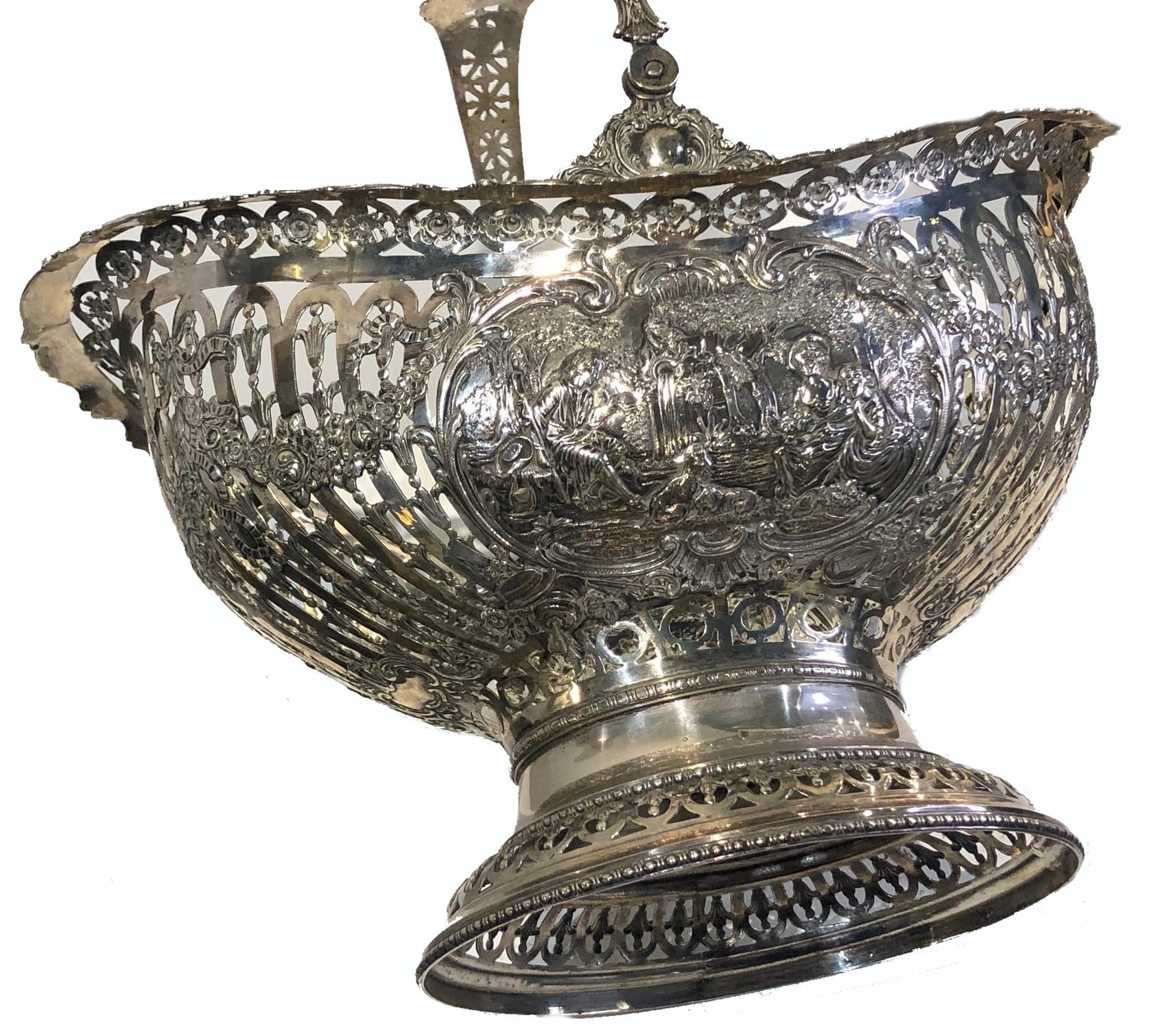 Rococo Revival Antique German Silver Fruit Serving Basket, Late 19th Century For Sale