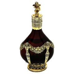 Antique German Silver Gilt and Glass Decanter Bottle circa 1880 Red