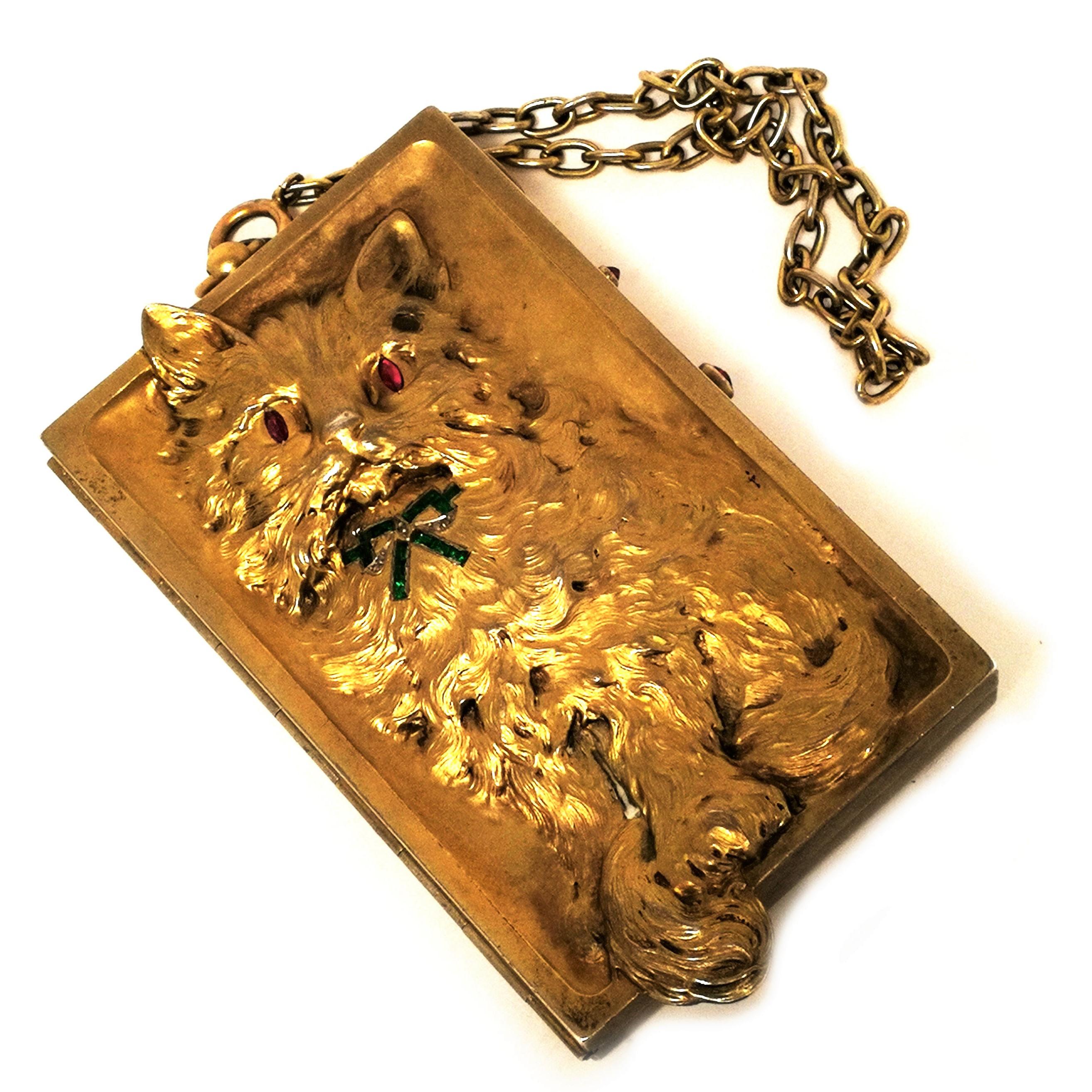 Early 20th Century Antique German Silver Gilt Minaudiere / Compact with Ruby Emerald Diamond c 1900