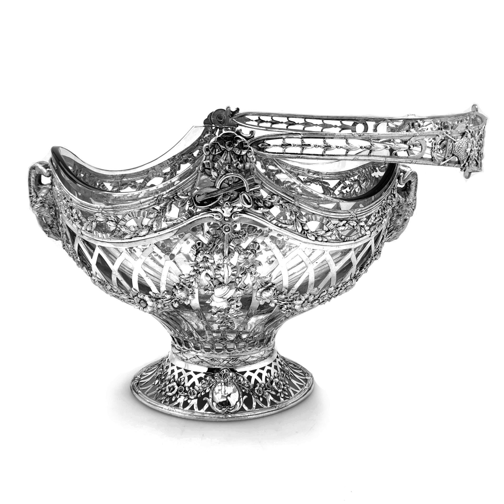 20th Century Antique German Silver & Glass Basket c. 1900 Centrepiece Large Plant Pot Flowers