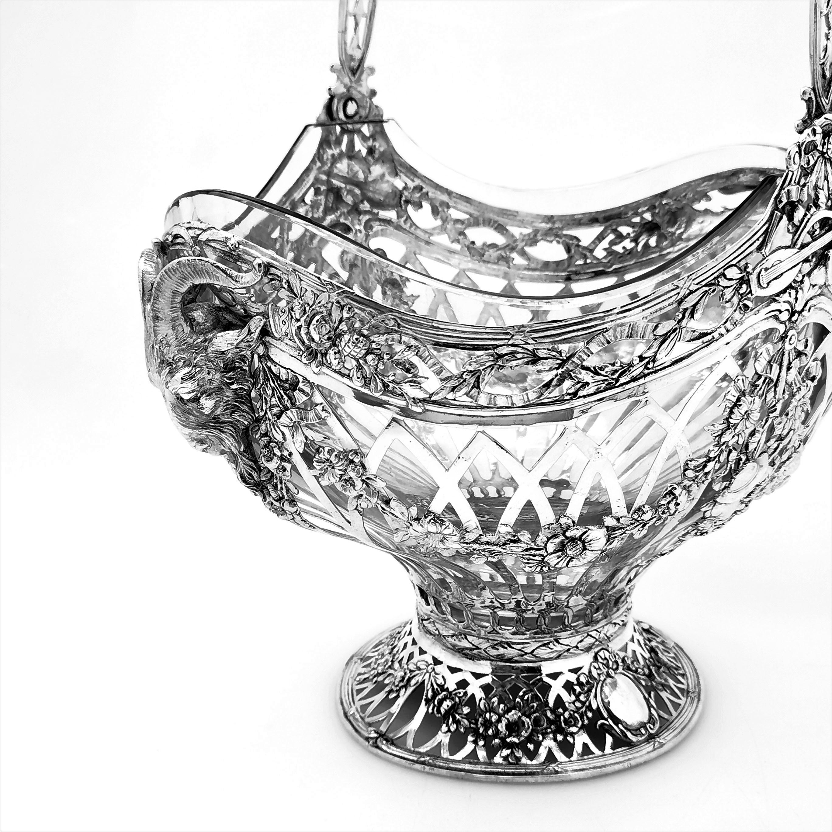 Antique German Silver & Glass Basket c. 1900 Centrepiece Large Plant Pot Flowers 2