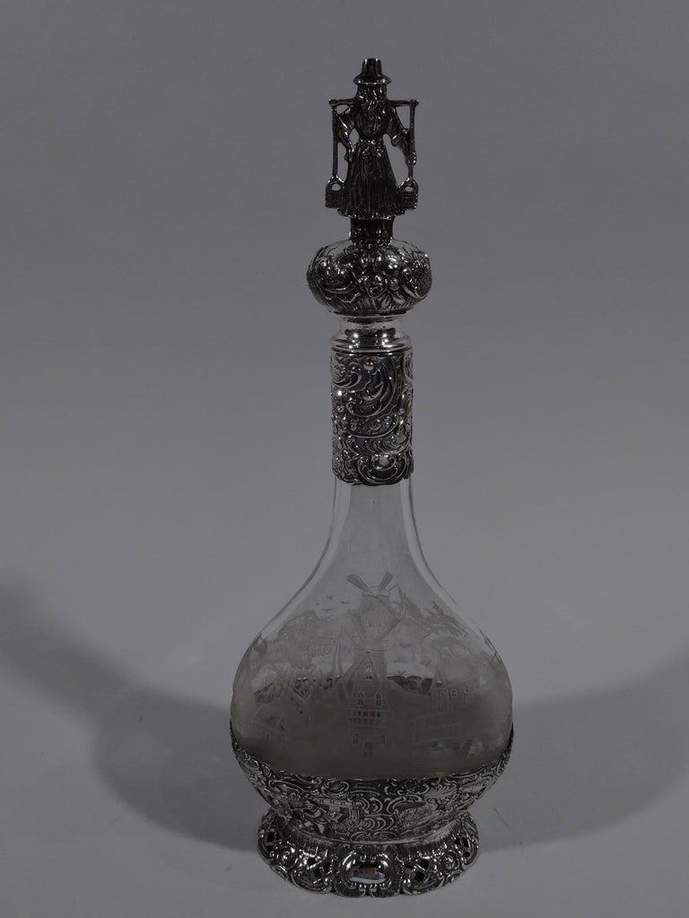 Edwardian Antique German Silver & Glass Windmill Decanter For Sale