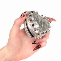 Antique German Silver Heart-Shaped Wine Making Trinket Box with Glass Cabochons
