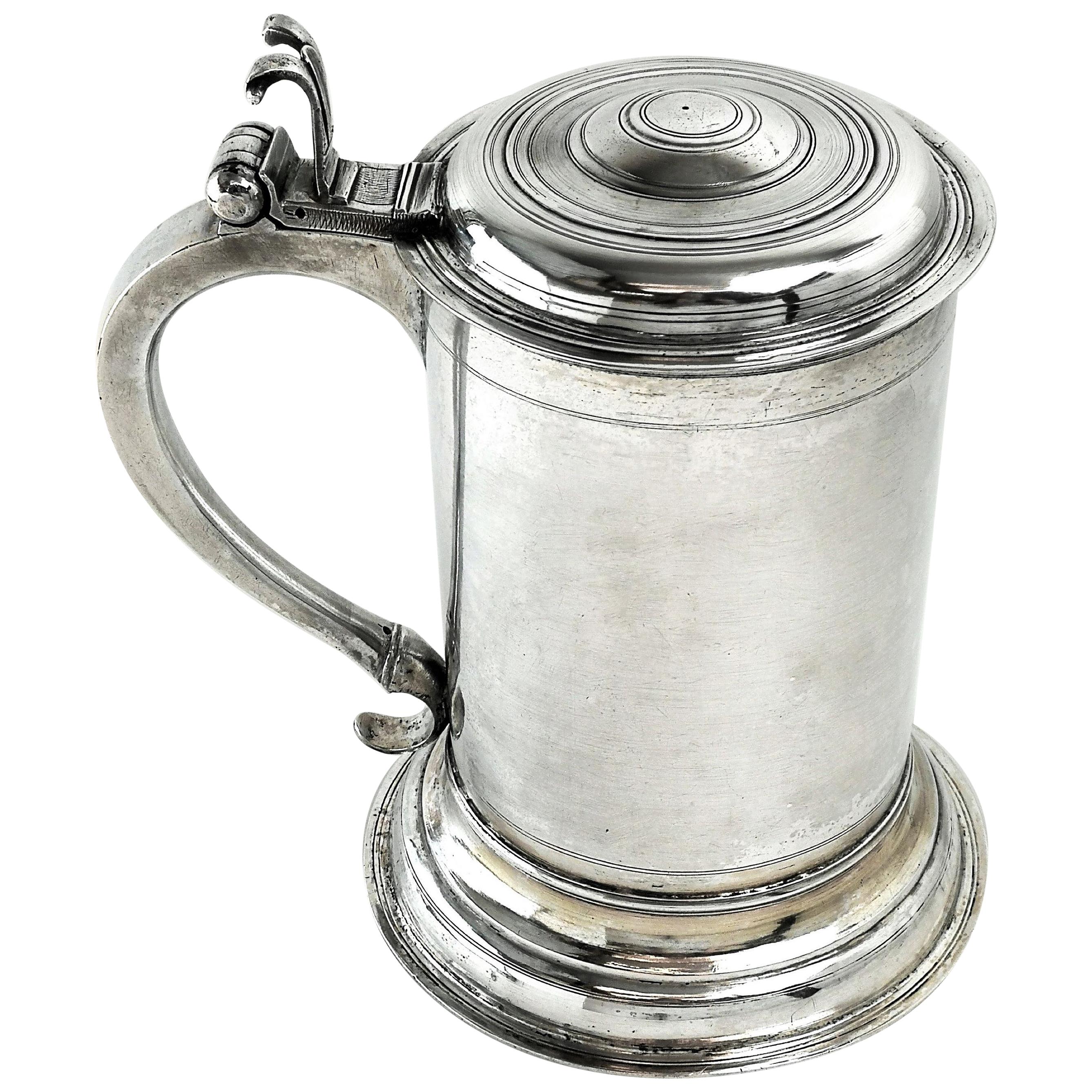 Antique German Silver Lidded Tankard / Beer Mug Berlin c 1700 early 18th century