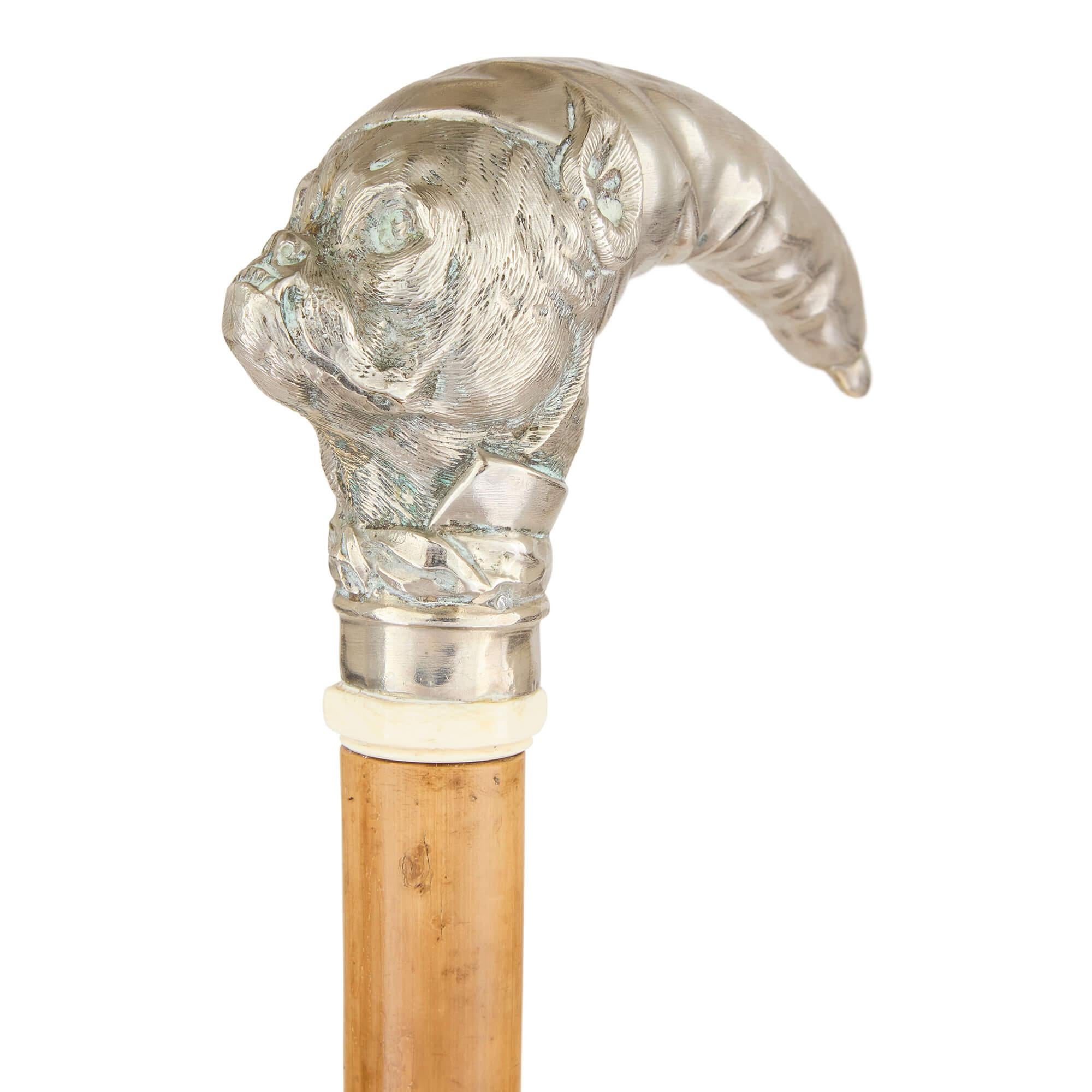 Antique German silver mounted dog-shaped corkscrew cane 
Continental, Late 19th Century 
Height 92cm, width 11cm, depth 4cm

Crafted in the late 19th century, this remarkable cane combines artistry with practicality.

The handle is expertly
