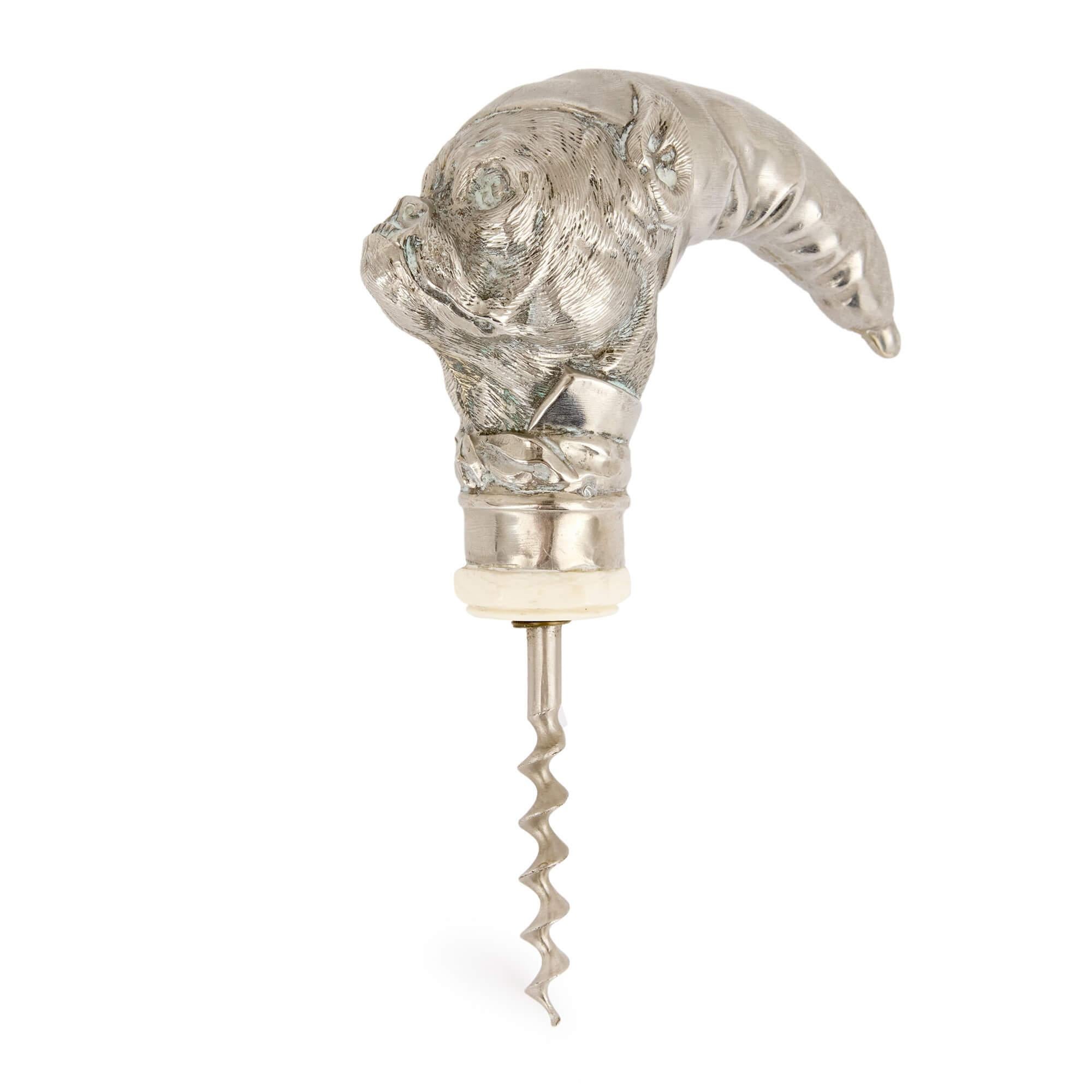 European Antique German Silver Mounted Dog-Shaped Corkscrew Cane For Sale