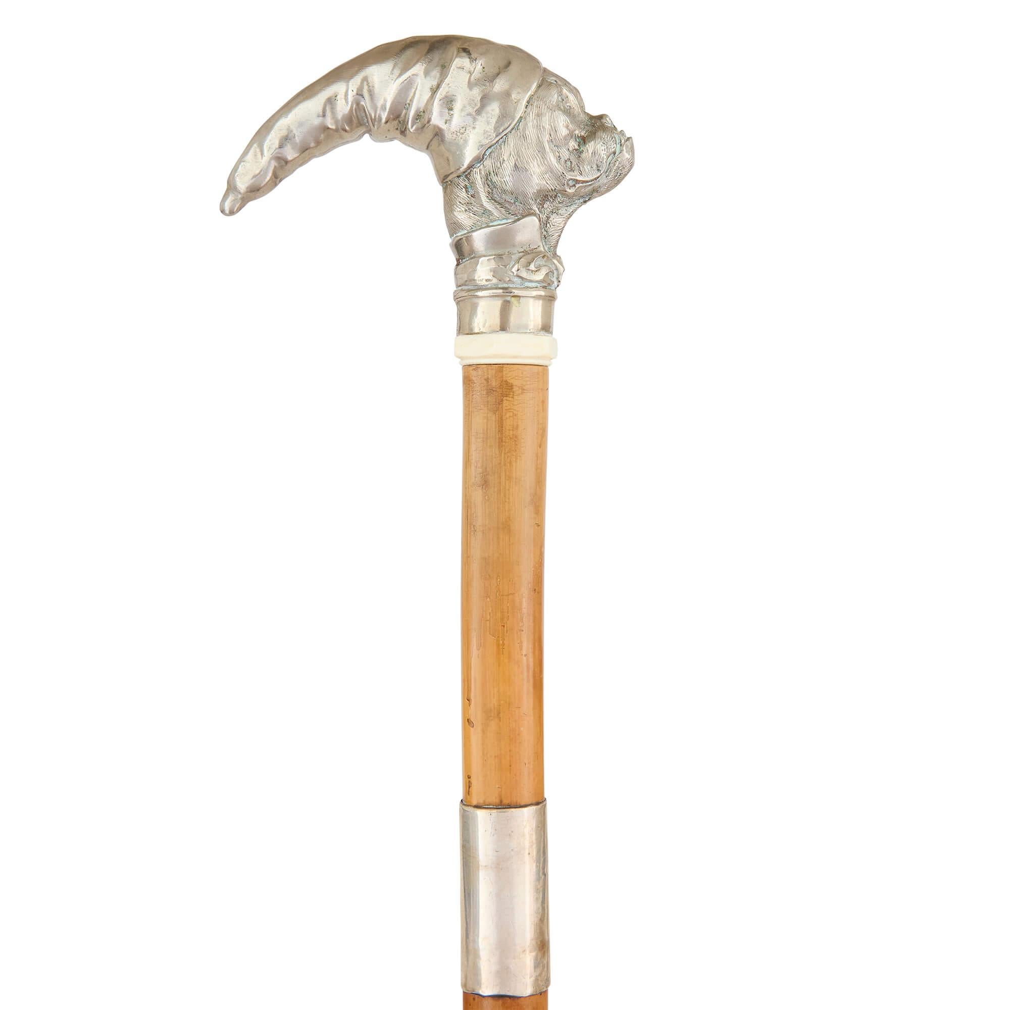 Turned Antique German Silver Mounted Dog-Shaped Corkscrew Cane For Sale
