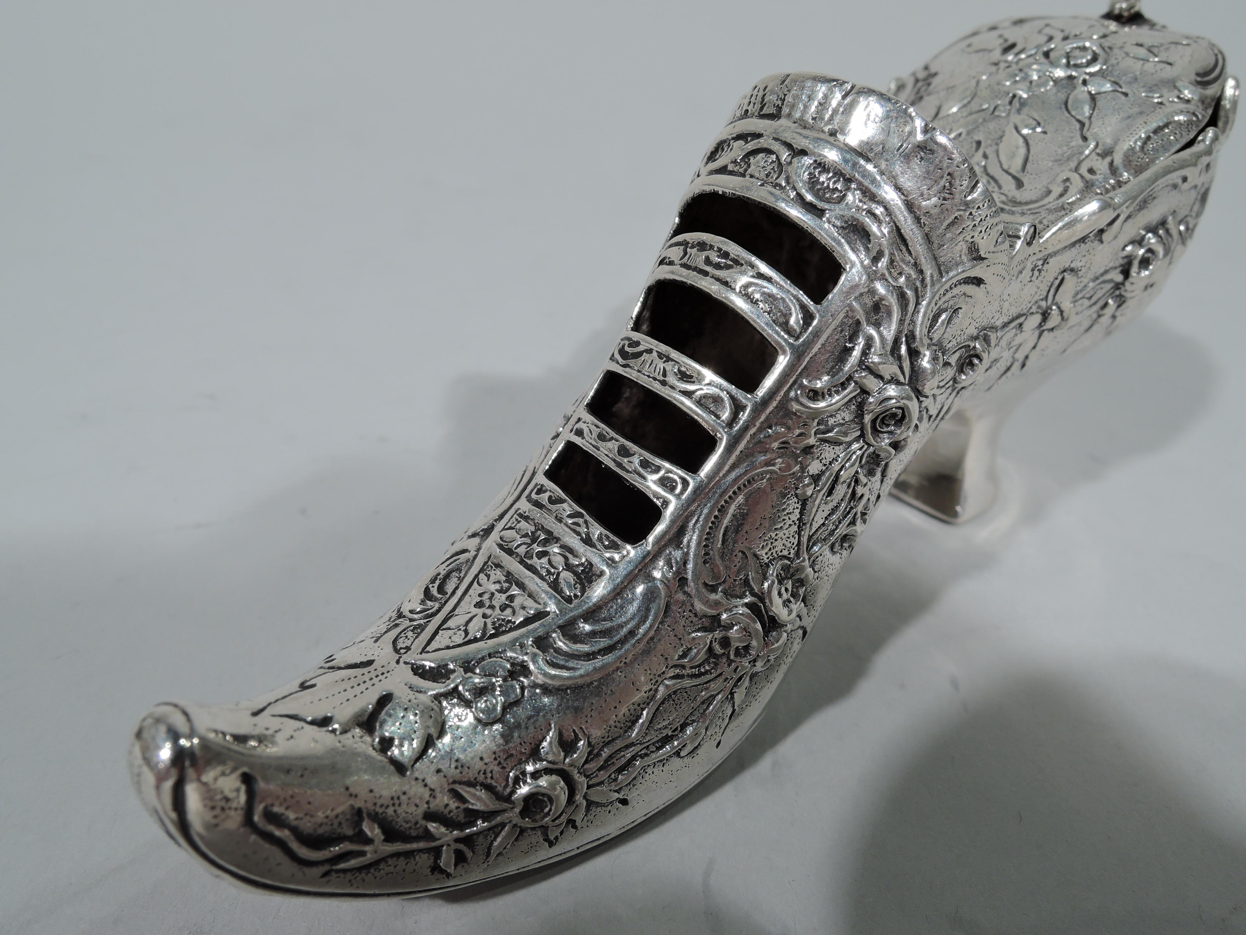 Antique German Silver Novelty Rococo Elf Shoe Trinket Box In Excellent Condition In New York, NY