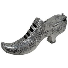 Antique German Silver Novelty Rococo Elf Shoe Trinket Box