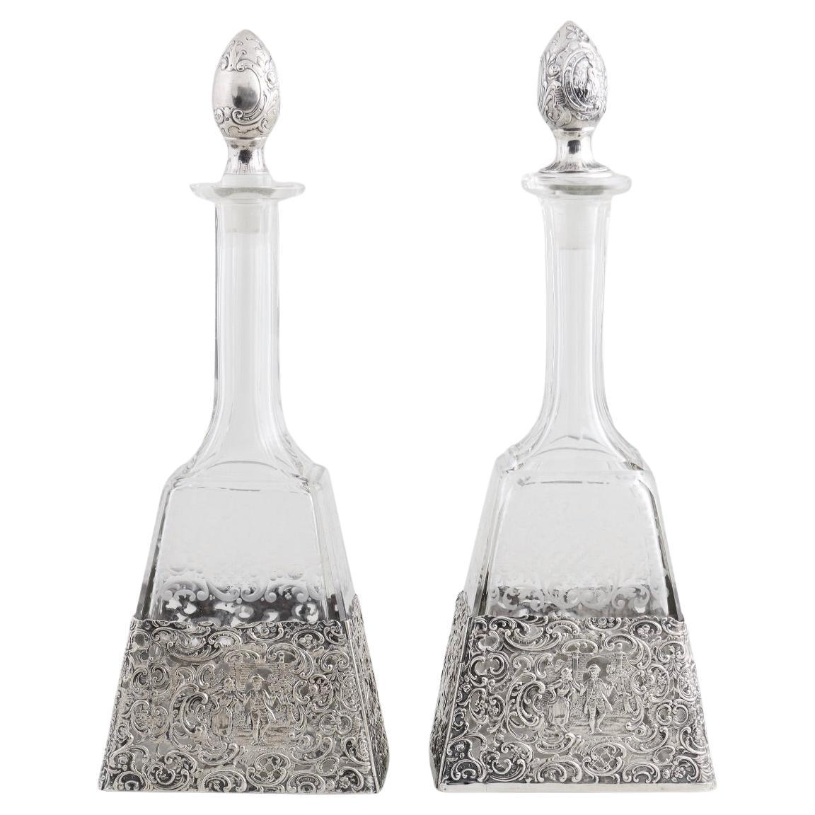 Antique German Silver Overlay & Etched Glass Barware Decanter