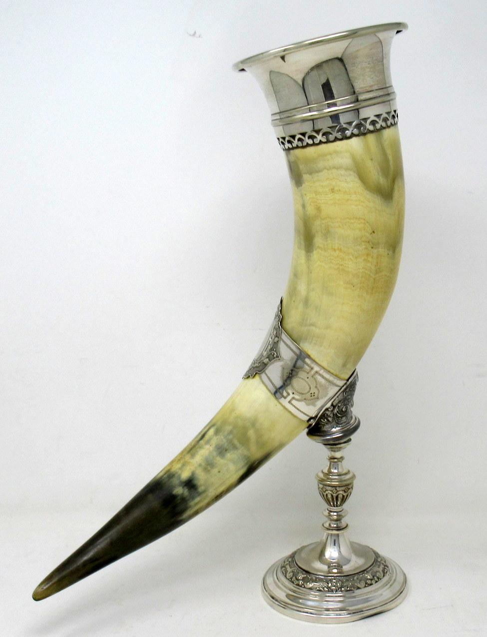 A superb example of a German silver-plated cow horn drinking vessel or centerpiece firmly attributed to the World-famous silver manufacturers Württembergische Metallwarenfabrik commonly called WMF. Circa 1900. 

The unusually large horn with a wide