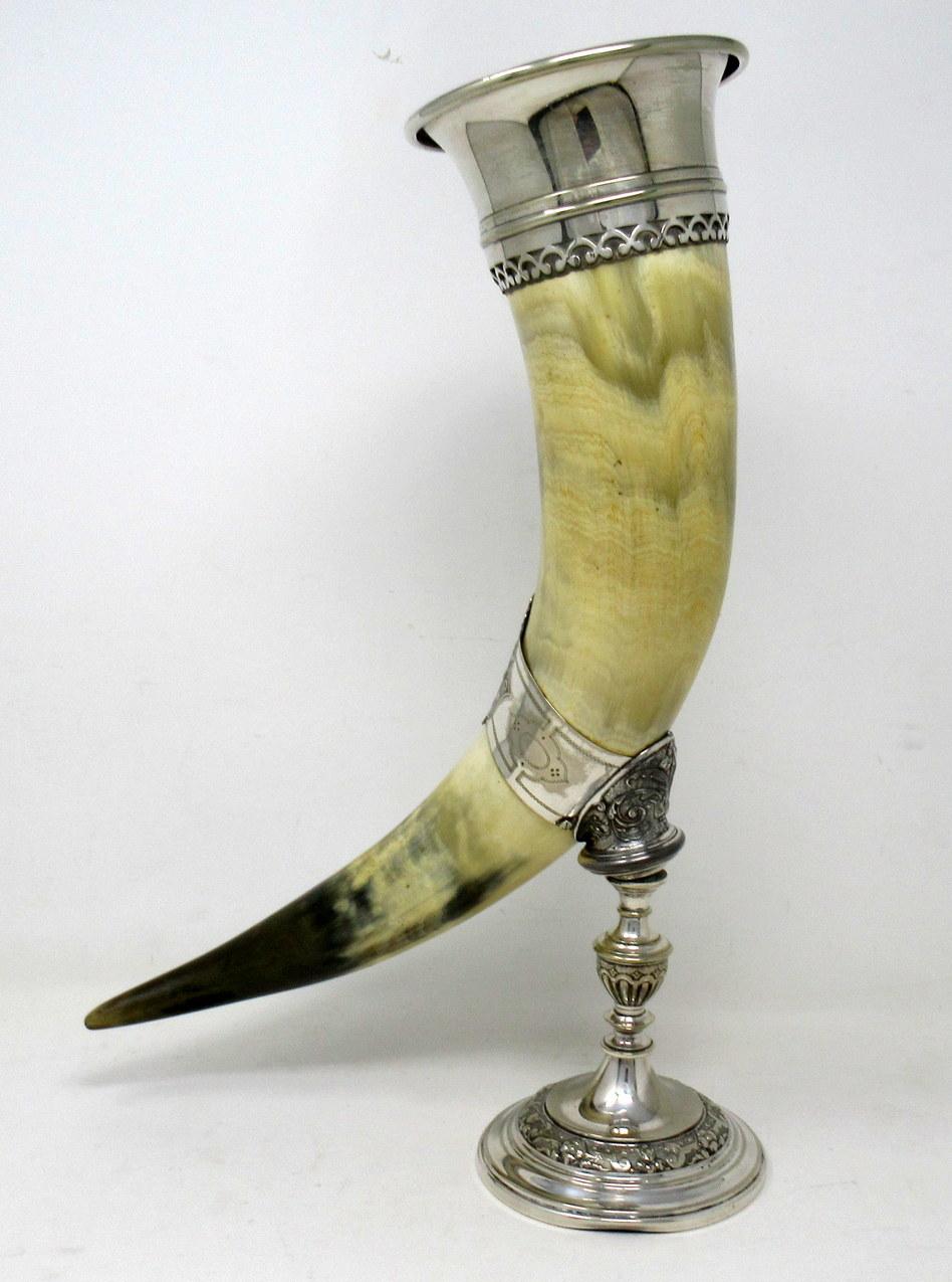 Late Victorian Antique German Silver Plated Cow Horn Drinking Vessel Beer Stein Centerpiece