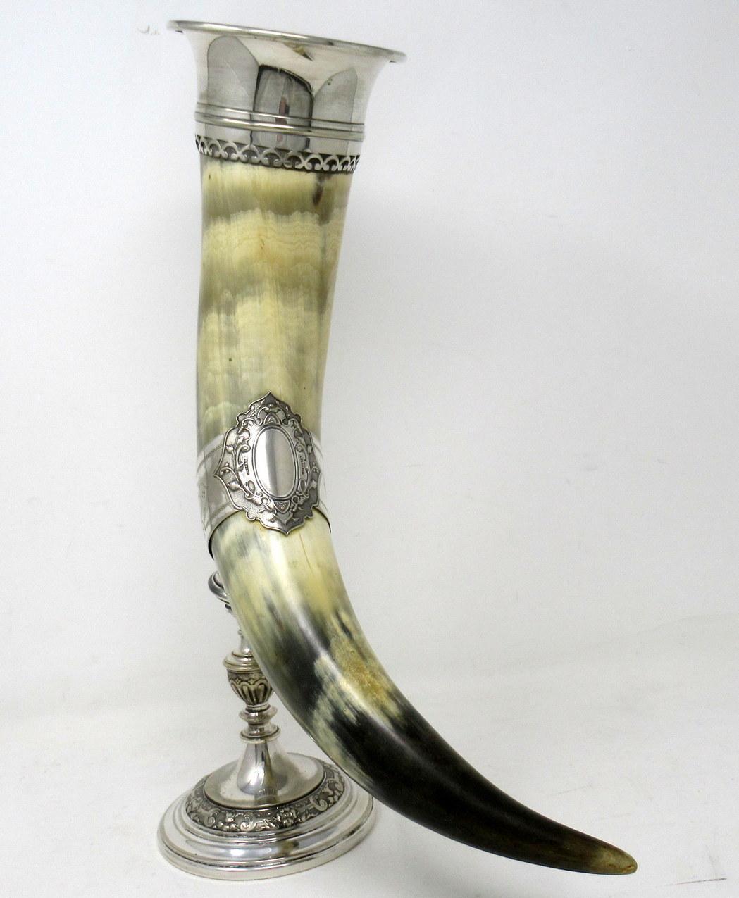 Late Victorian Antique German Silver Plated Cow Horn Drinking Vessel Beer Stein Centerpiece