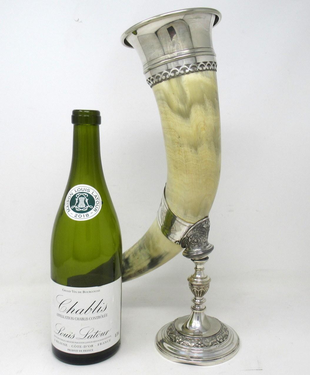 19th Century Antique German Silver Plated Cow Horn Drinking Vessel Beer Stein Centerpiece