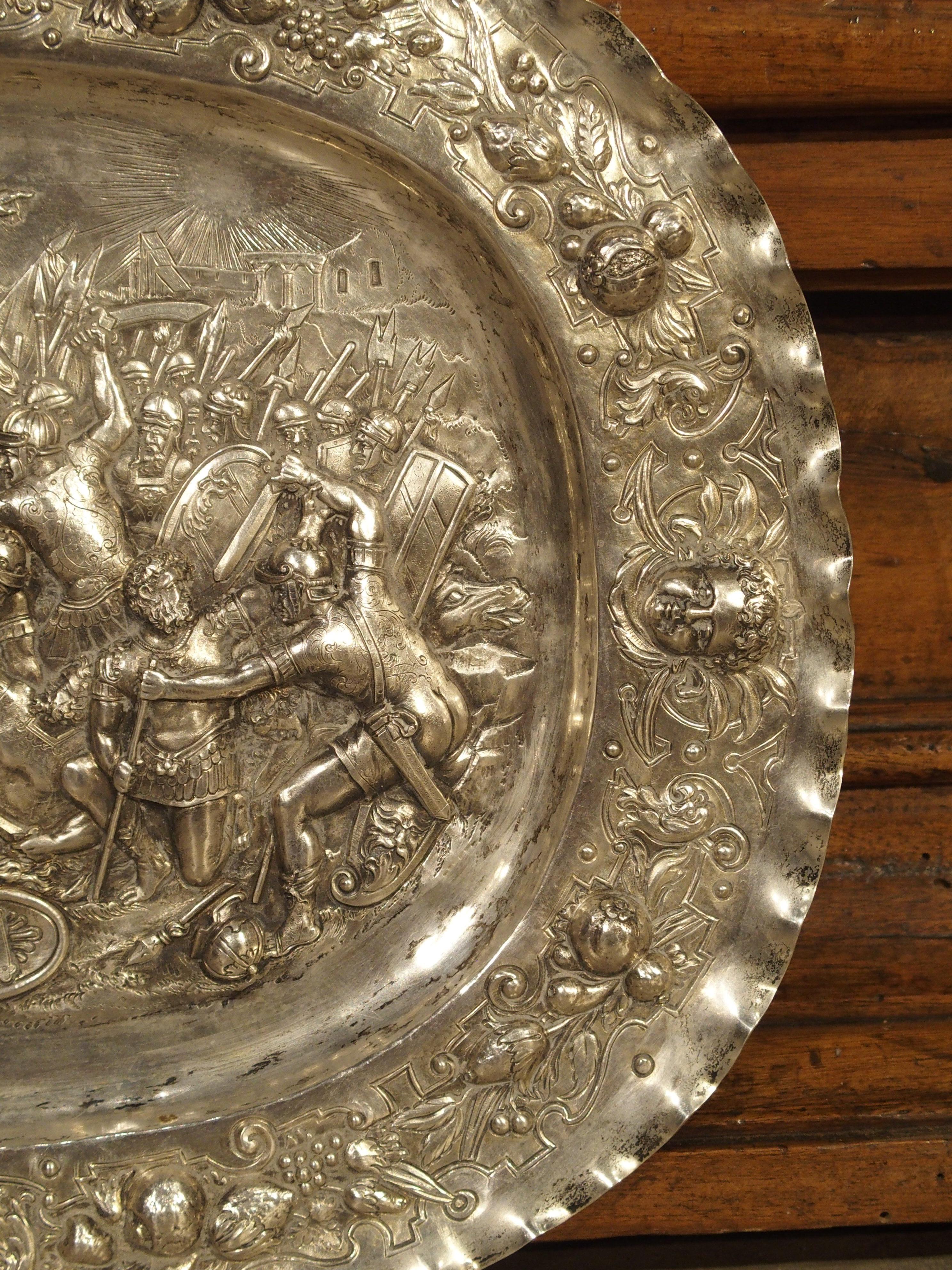 19th Century Antique German Silver Repoussé Battle Scene Tray, Circa 1850 For Sale