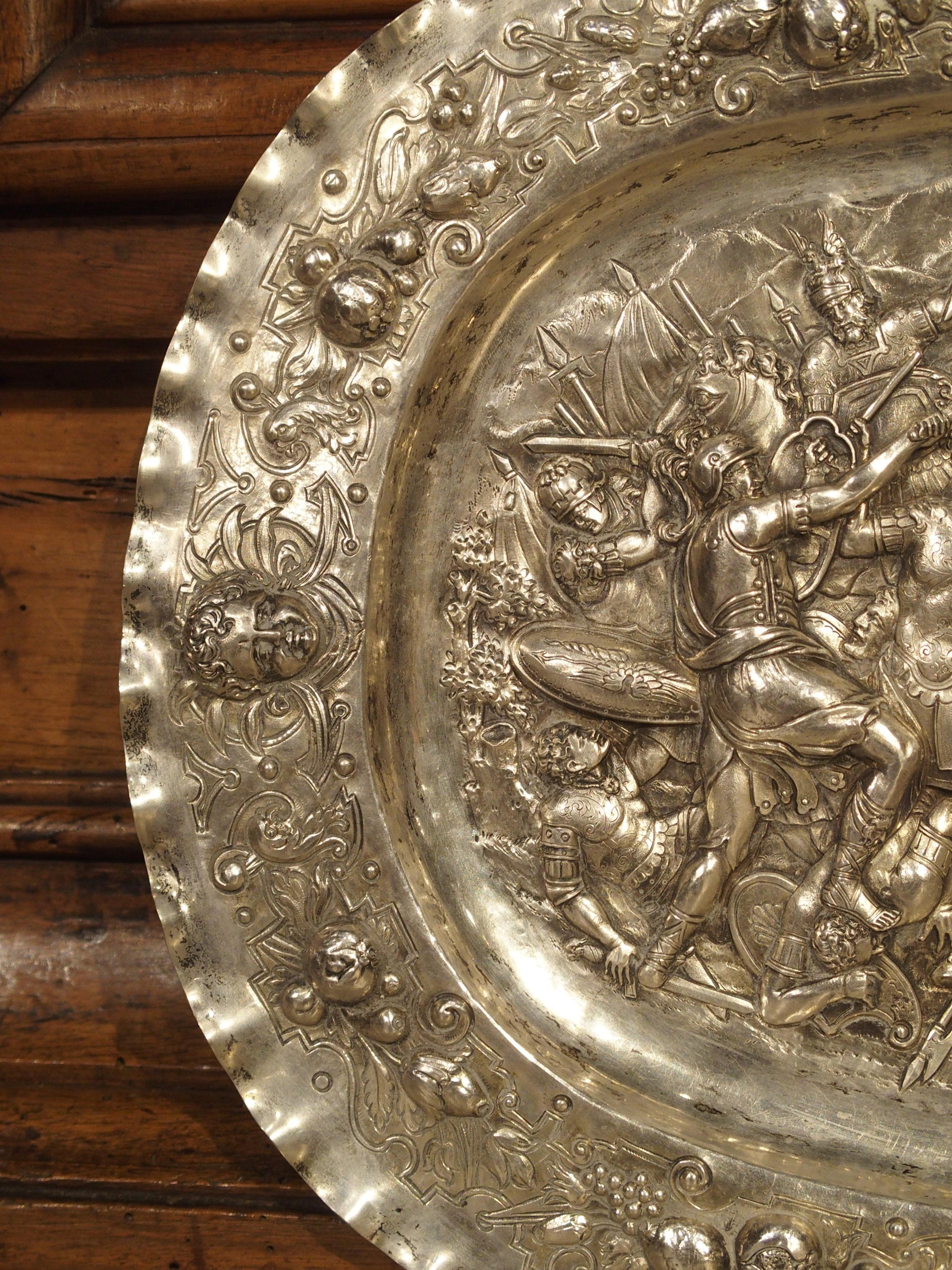 Antique German Silver Repoussé Battle Scene Tray, Circa 1850 For Sale 1