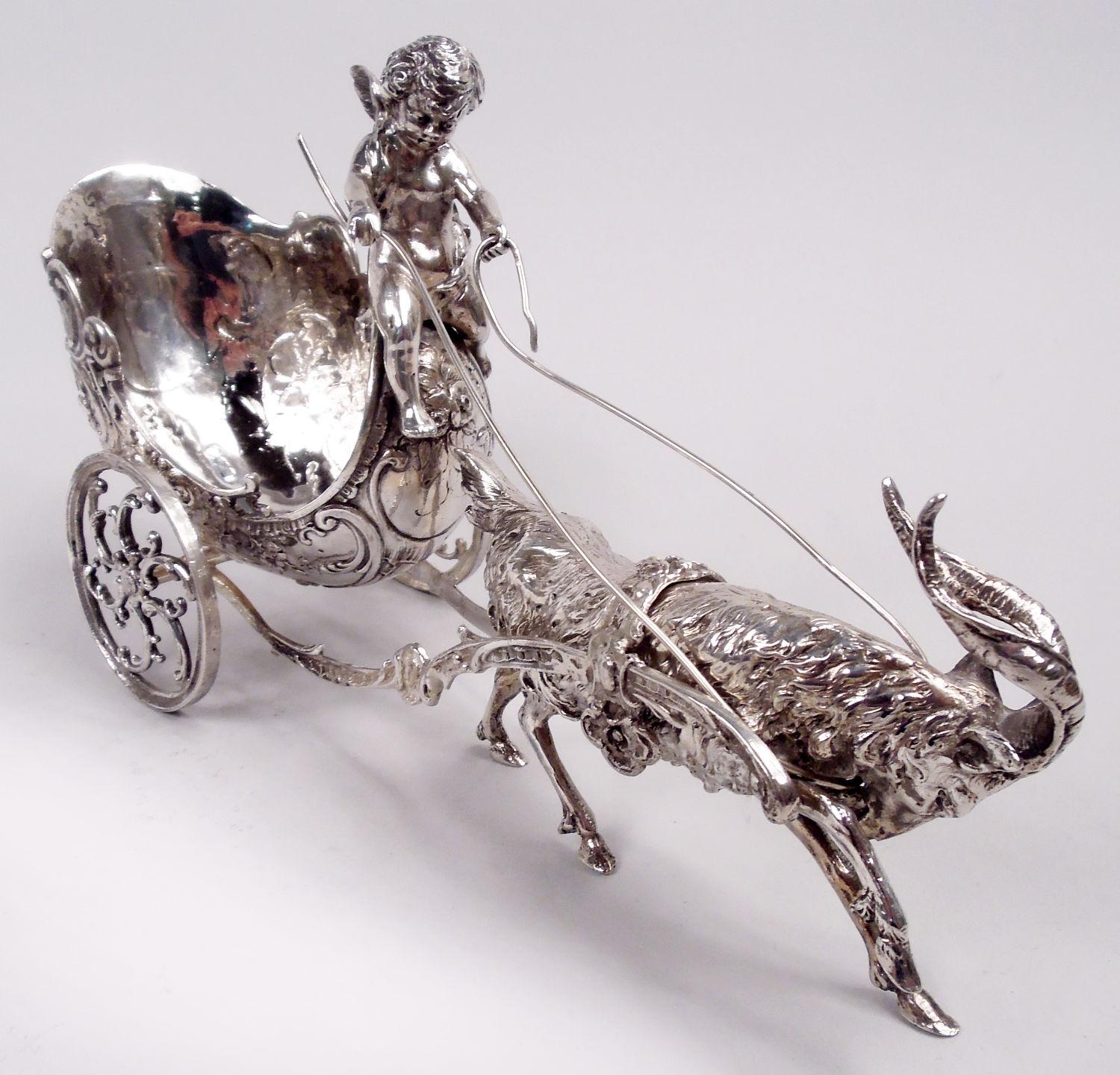 Rococo Revival Antique German Silver Rococo Fantasy Goat-Harnessed Cupid Coach For Sale