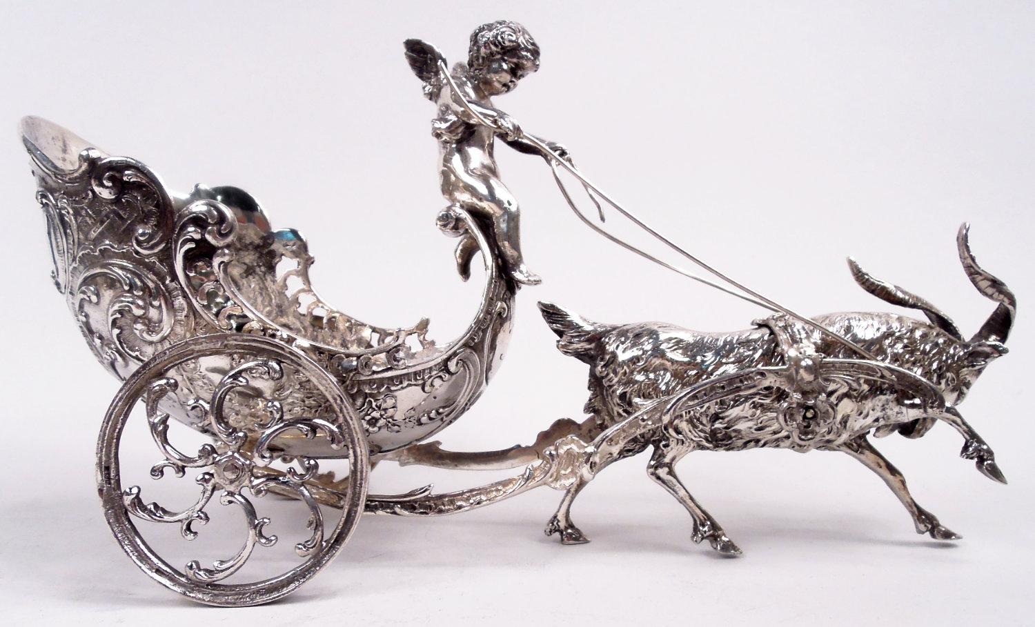 Antique German Silver Rococo Fantasy Goat-Harnessed Cupid Coach In Good Condition For Sale In New York, NY