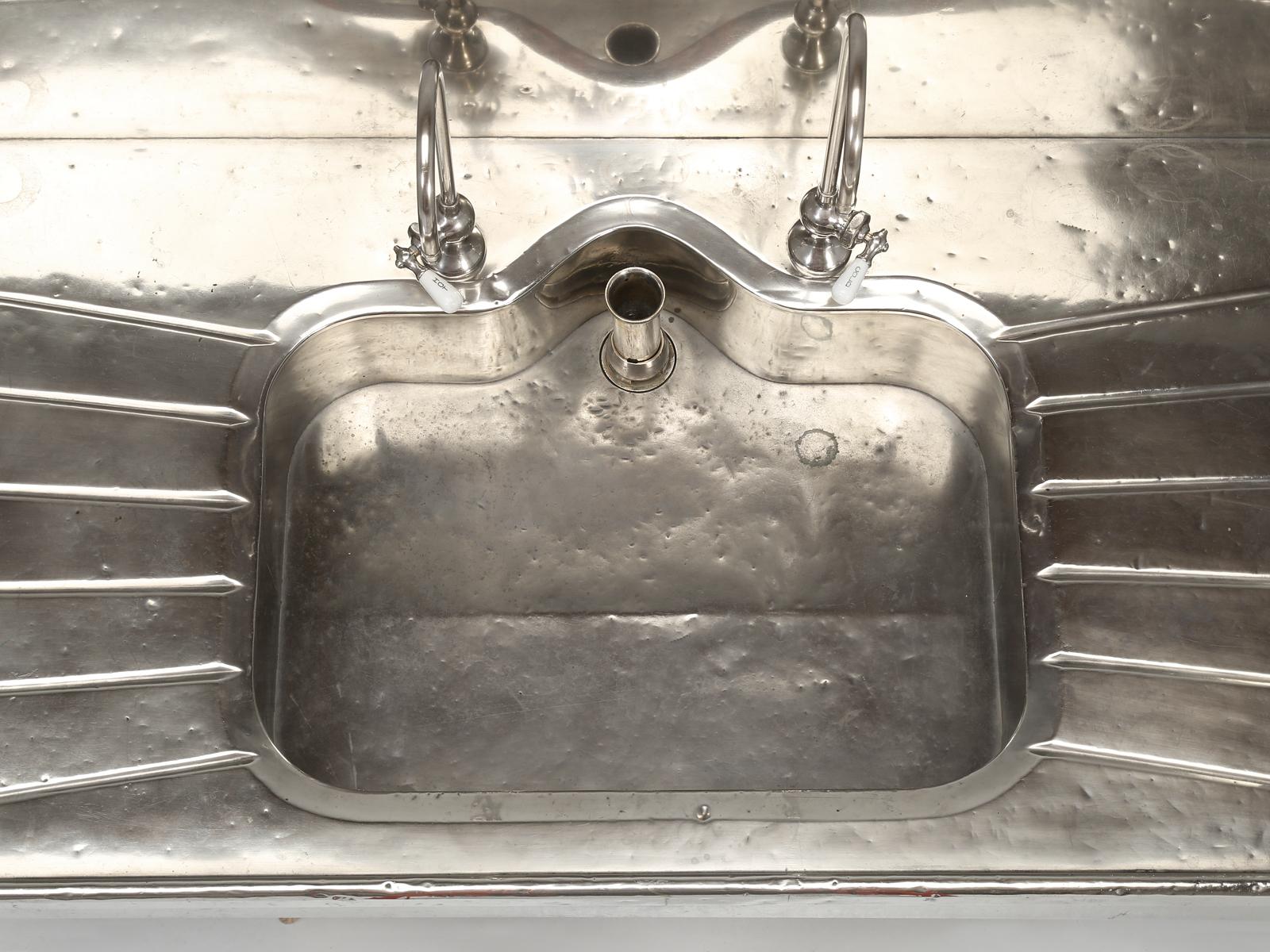 Antique German Silver Sink with Matching Backsplash and Faucets In Good Condition In Chicago, IL