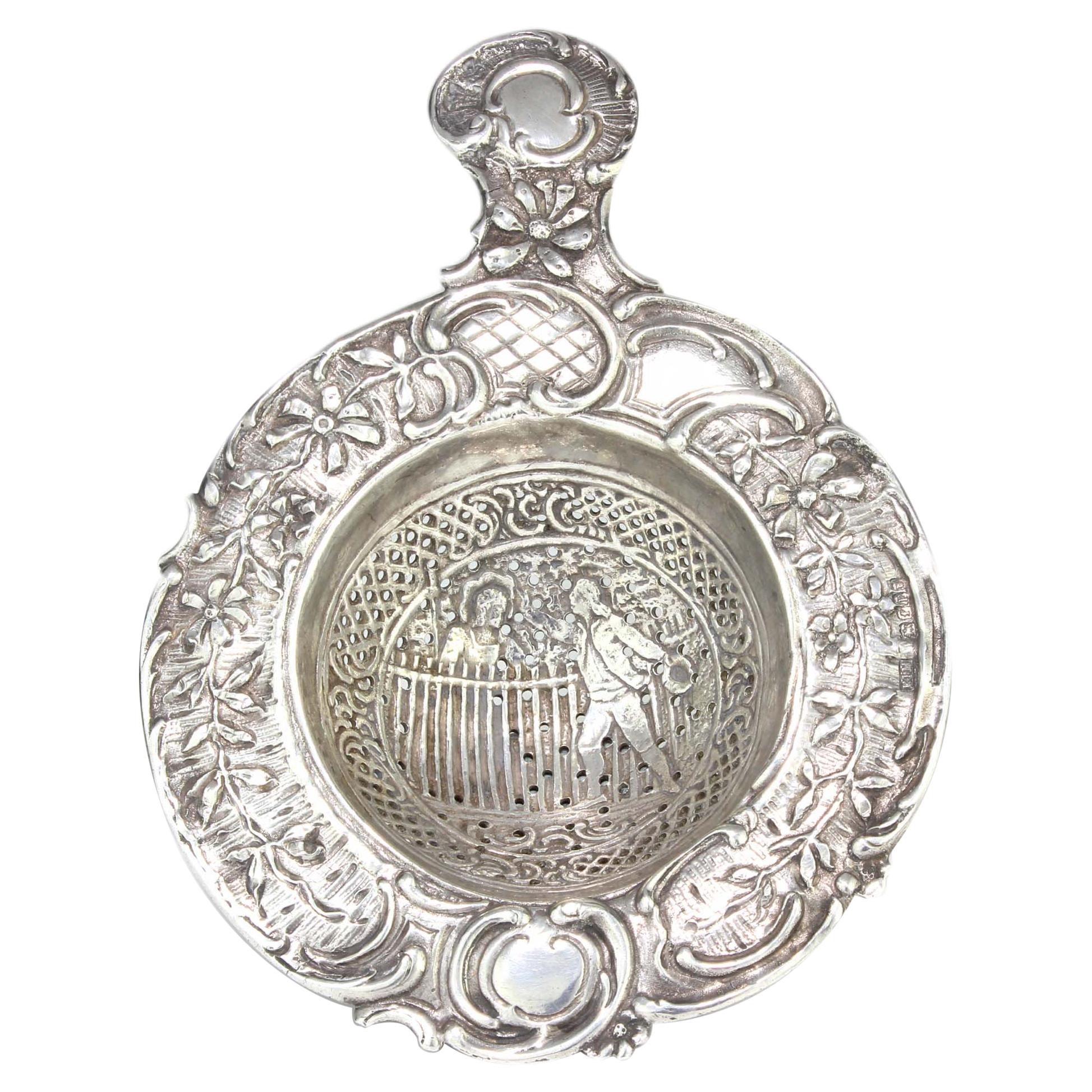 Antique German Silver Tea Strainer Decorated with Lady and Gentleman For Sale