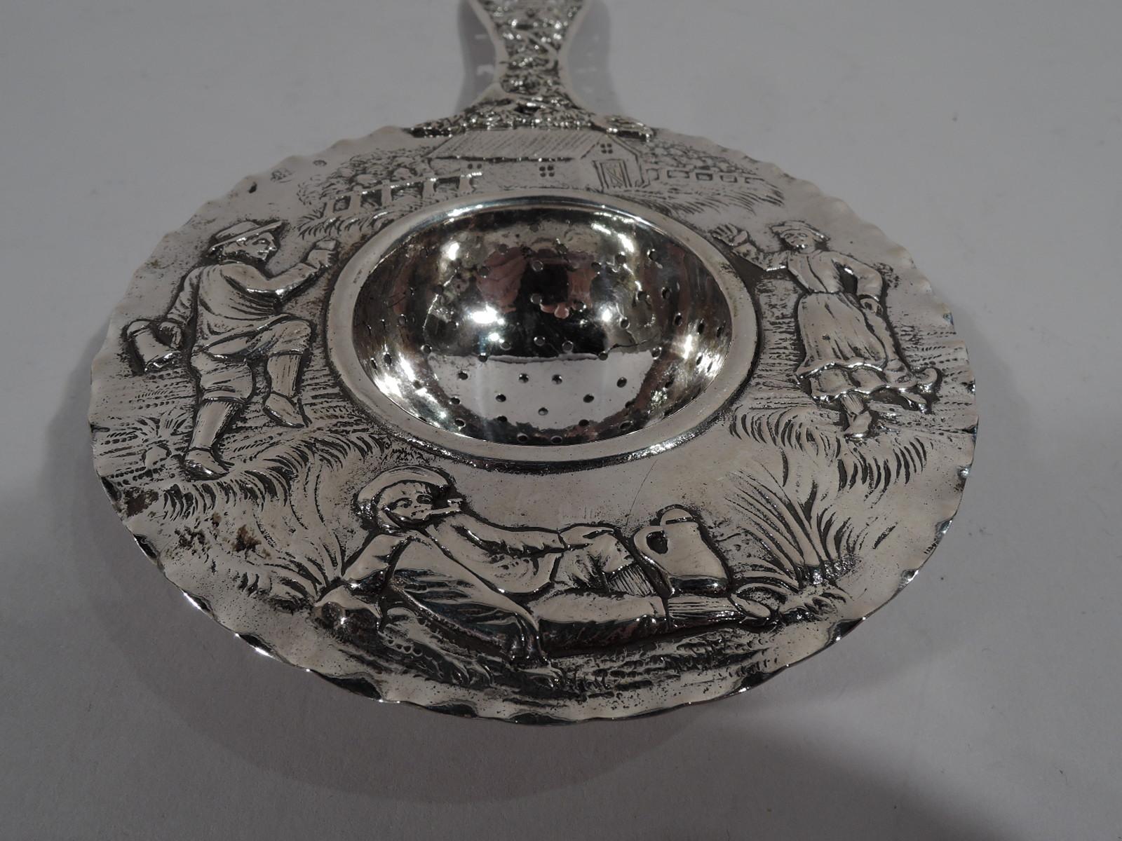 Edwardian Antique German Silver Tea Strainer with Smoking, Toping Rustics