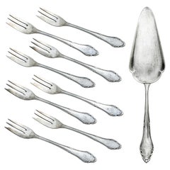 Servidor y tenedor de tarta de plata alemana antigua; lote de 9