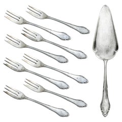 Service à gâteaux et fourchette à gâteaux en métal argenté allemand ancien, lot de 9