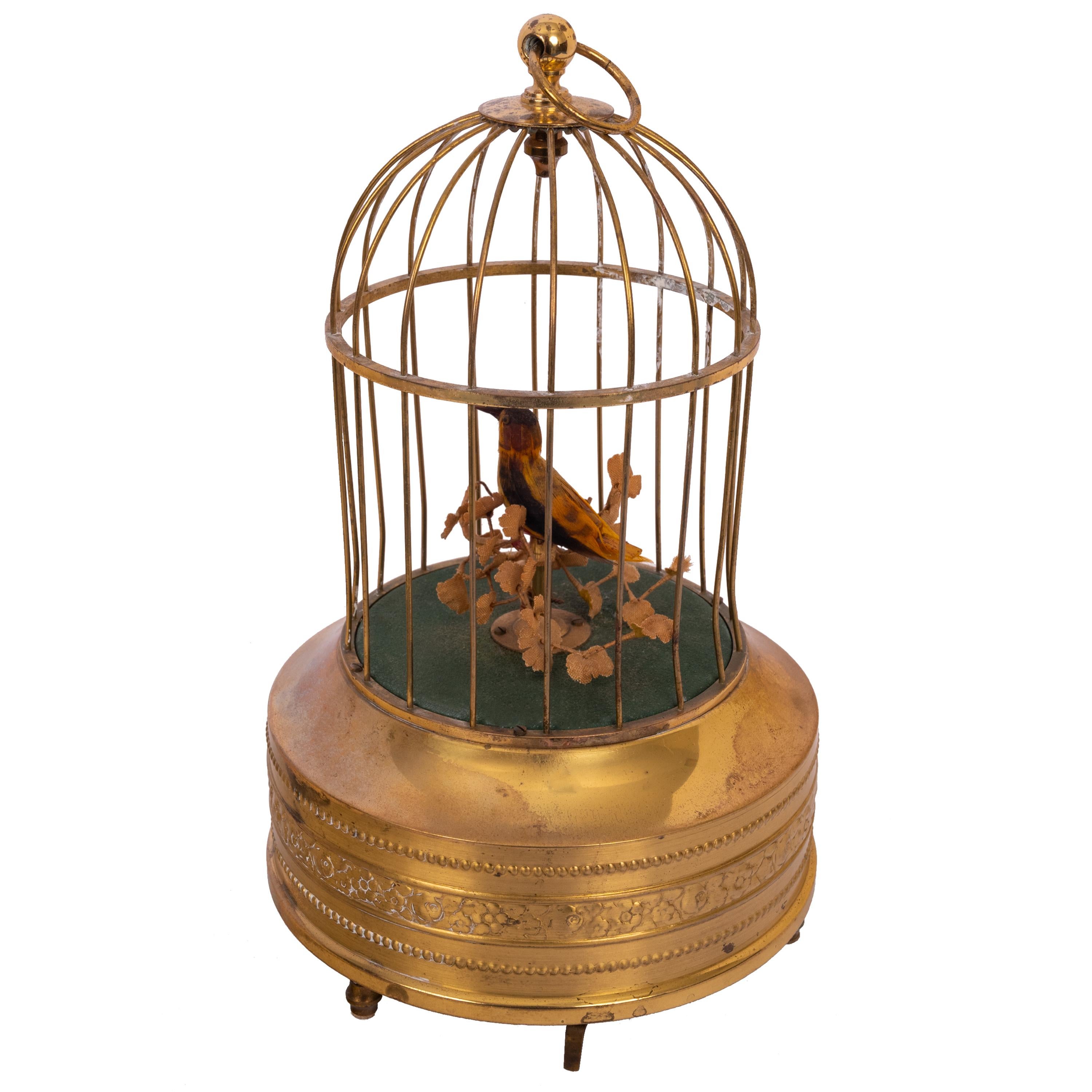 Gilt Antique German Singing Bird in a Cage Music Box Automaton Karl Griesbaum 1930