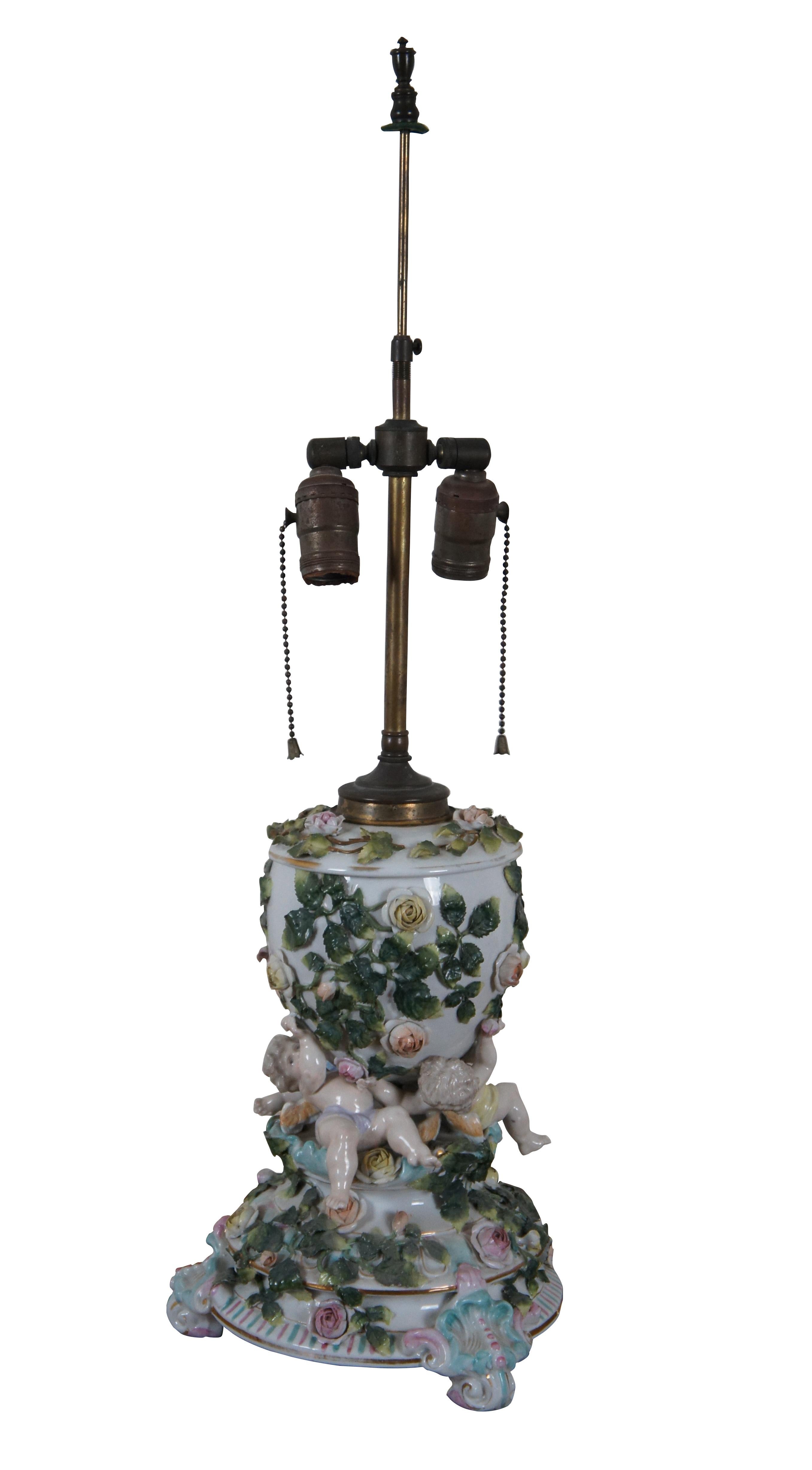 Victorian Antique German Sitzendorf Dresden Porcelain Cherubs Converted Oil Lamp For Sale