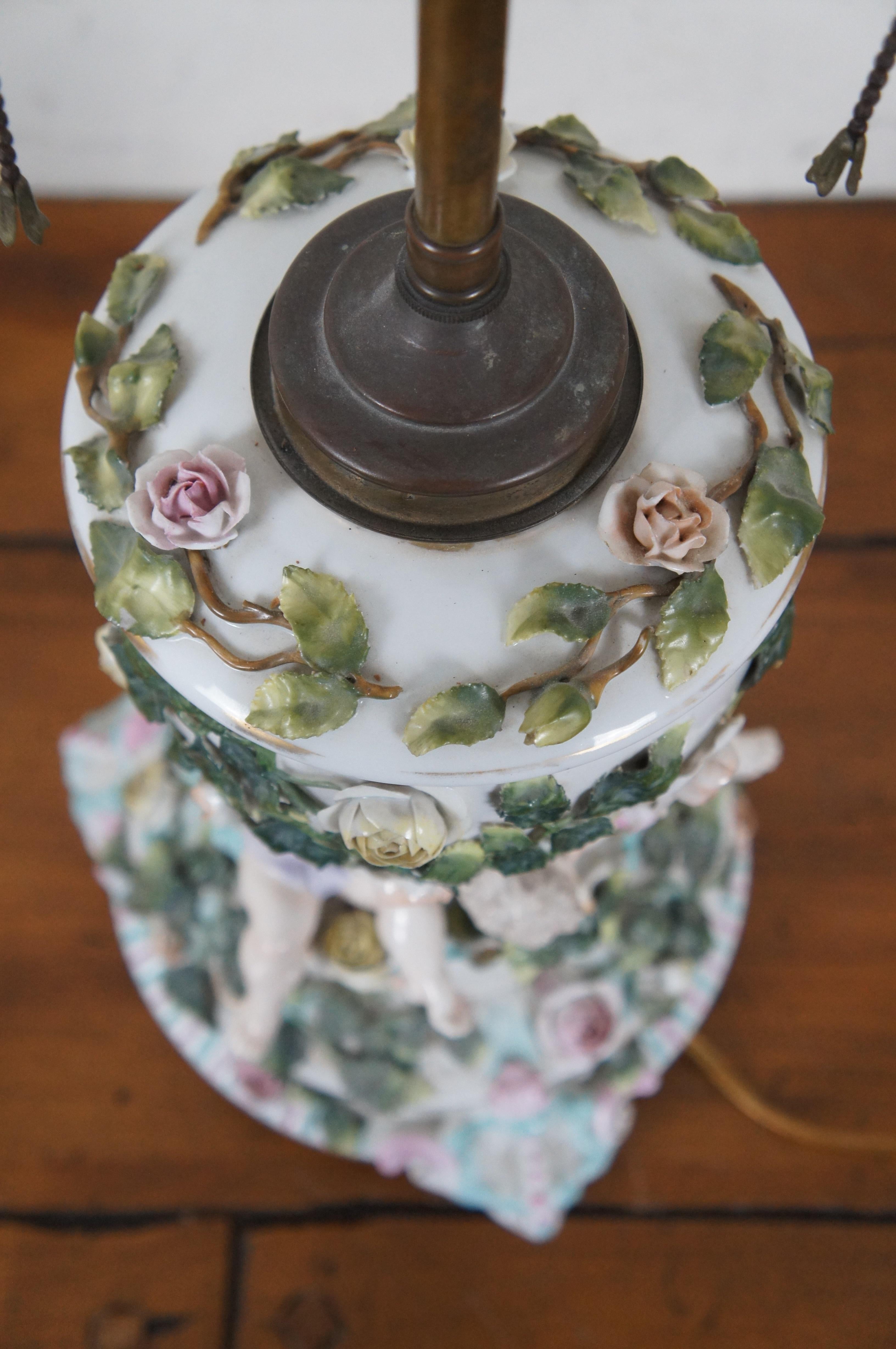 Antique German Sitzendorf Dresden Porcelain Cherubs Converted Oil Lamp For Sale 1