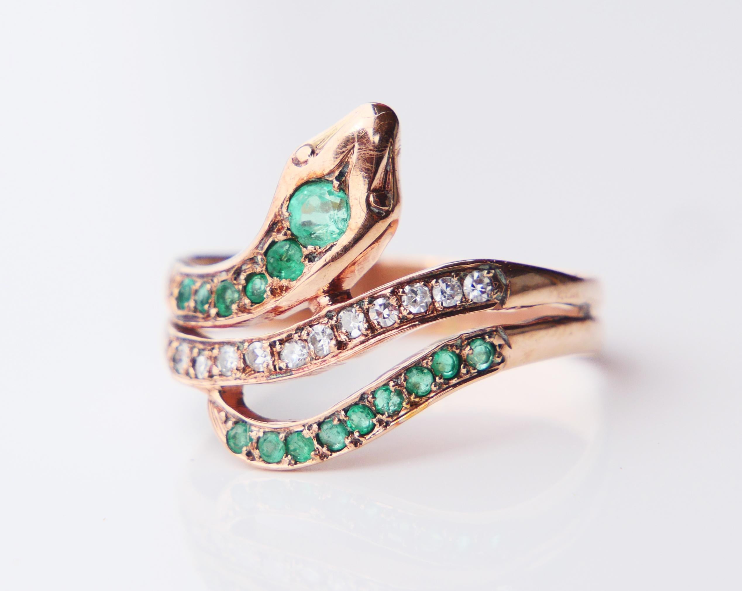 Antique German Snake Ring Emeralds Diamonds solid 9K Gold ØUS 7.75/ 2.61gr 5