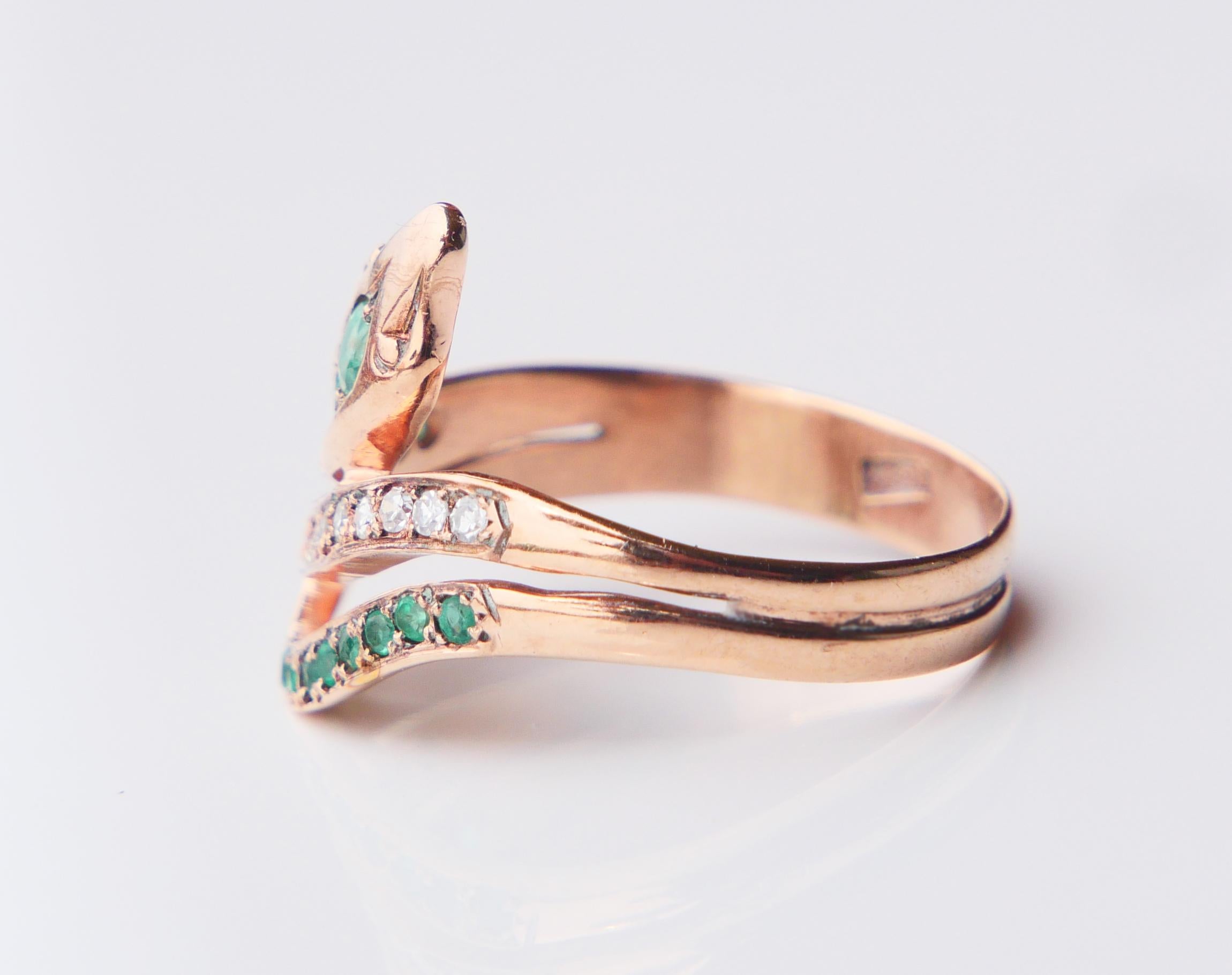 Antique German Snake Ring Emeralds Diamonds solid 9K Gold ØUS 7.75/ 2.61gr 7