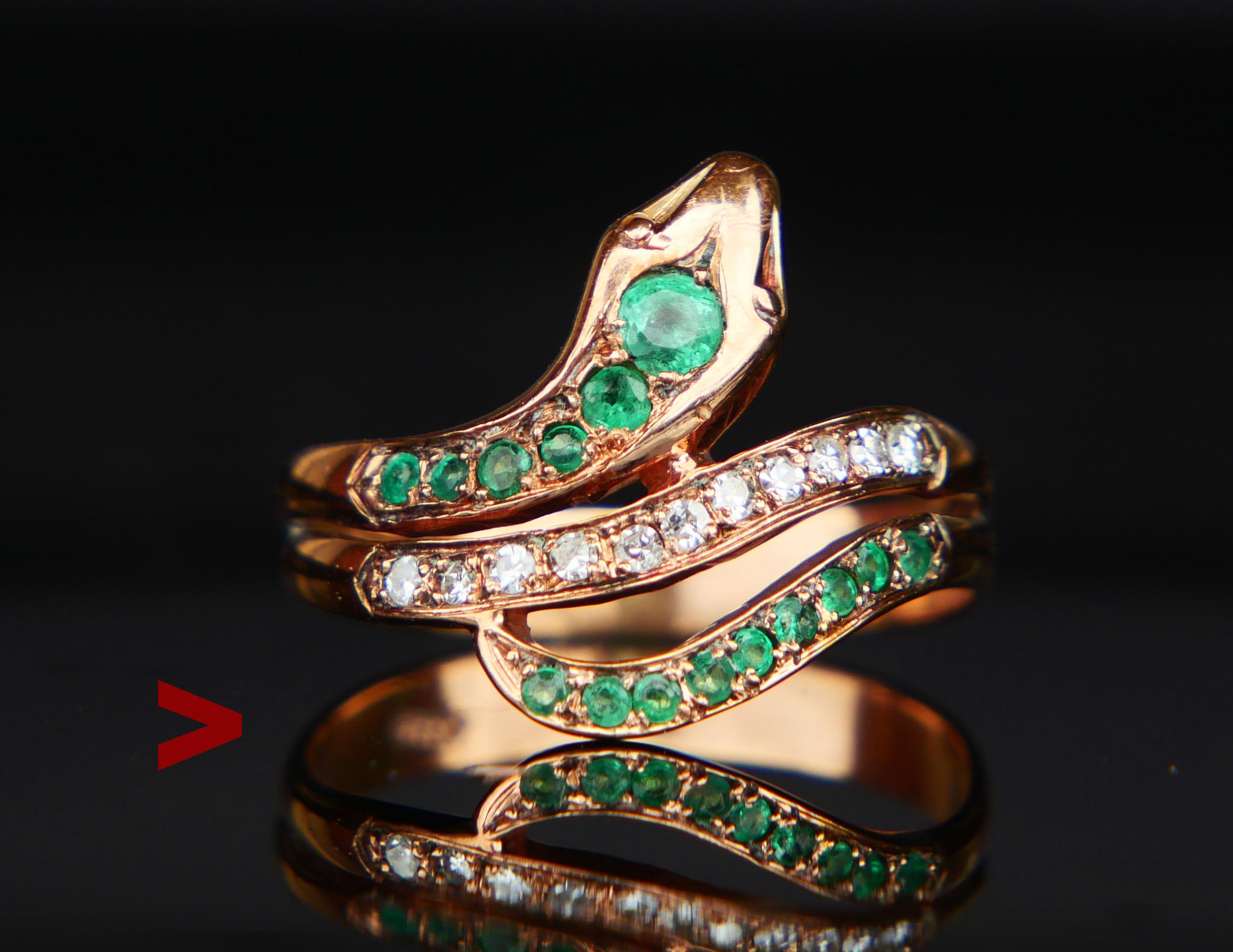 Antique Serpent Ring in solid 333 / 9K Rose gold embellished with gradually sized Emeralds and Diamond , likely German dating to 1920s- 1930s. 

 Hallmarked 333 and likely maker's logo , metal tested solid 9K Rose Gold.

Largest Emerald Ø 3mm / ca