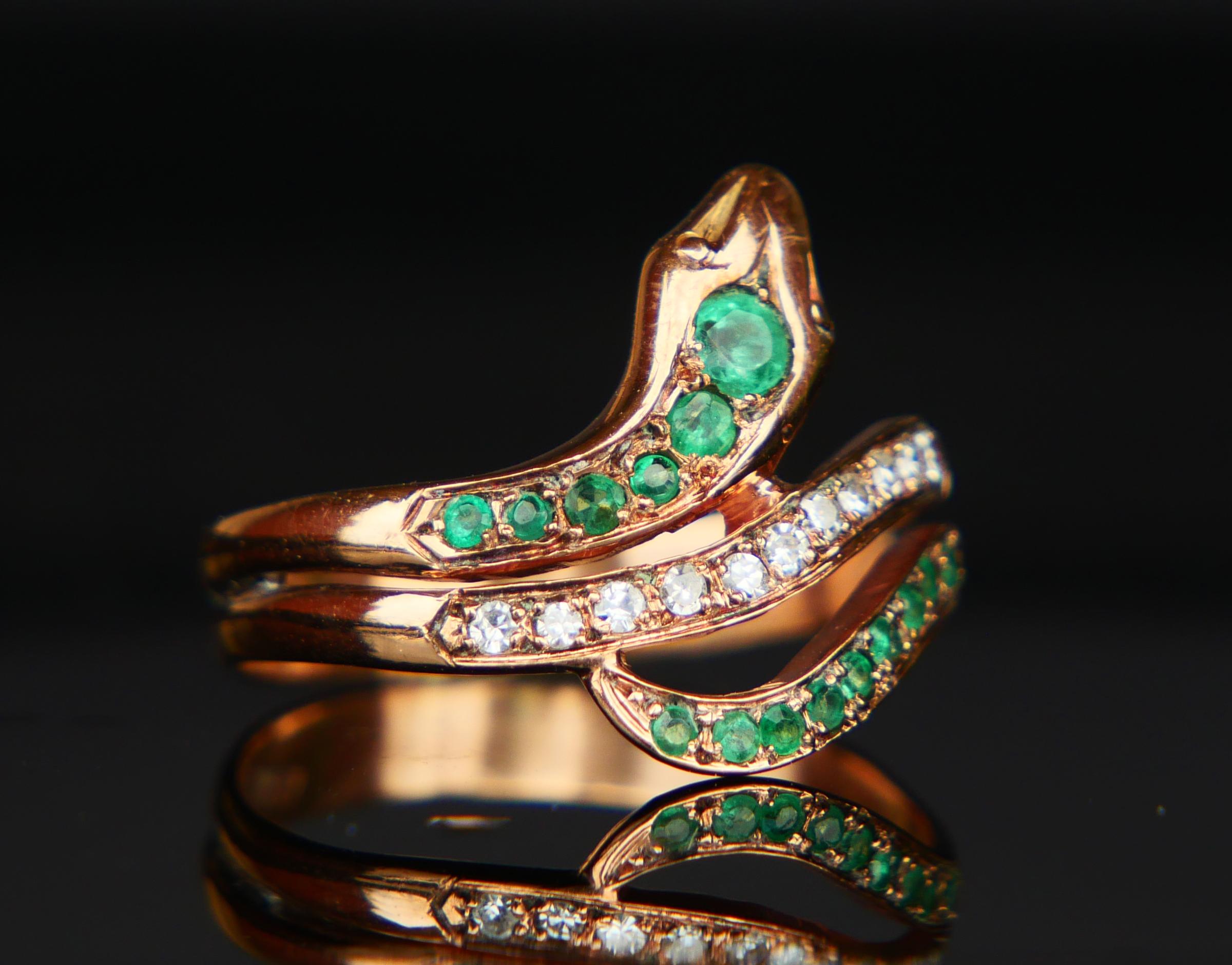 Art Nouveau Antique German Snake Ring Emeralds Diamonds solid 9K Gold ØUS 7.75/ 2.61gr