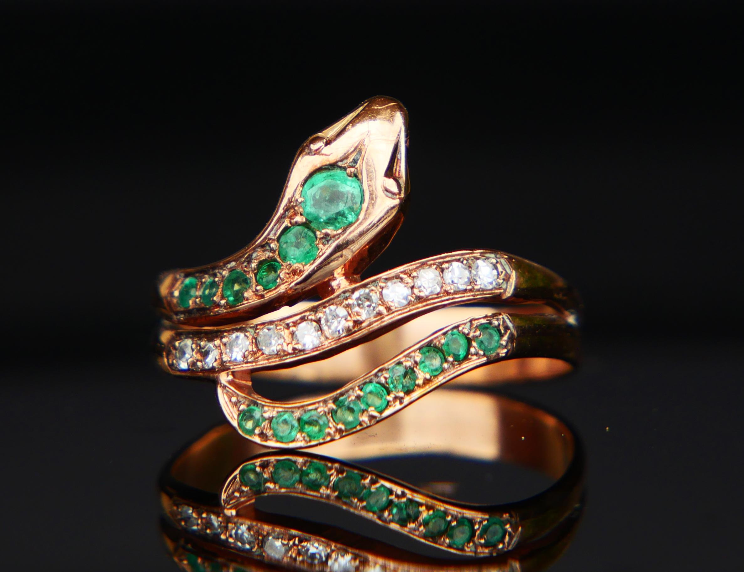 Old European Cut Antique German Snake Ring Emeralds Diamonds solid 9K Gold ØUS 7.75/ 2.61gr