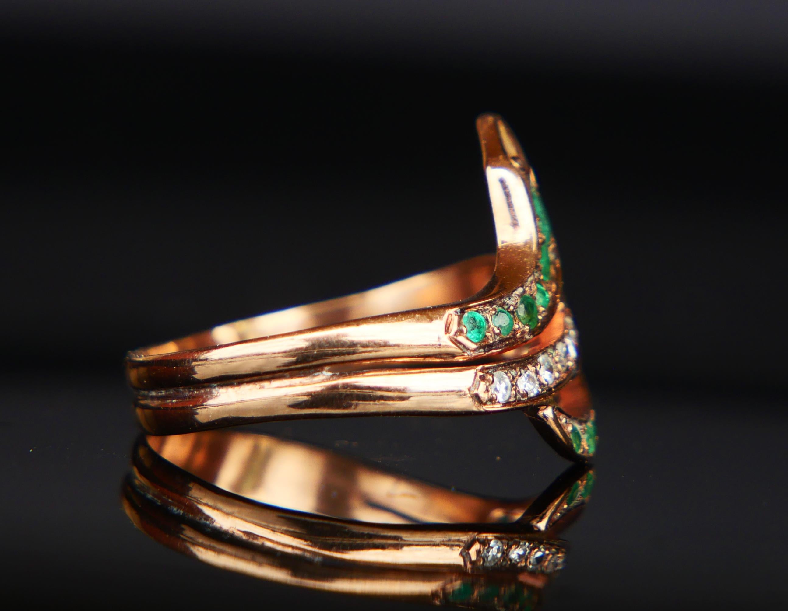 Women's Antique German Snake Ring Emeralds Diamonds solid 9K Gold ØUS 7.75/ 2.61gr