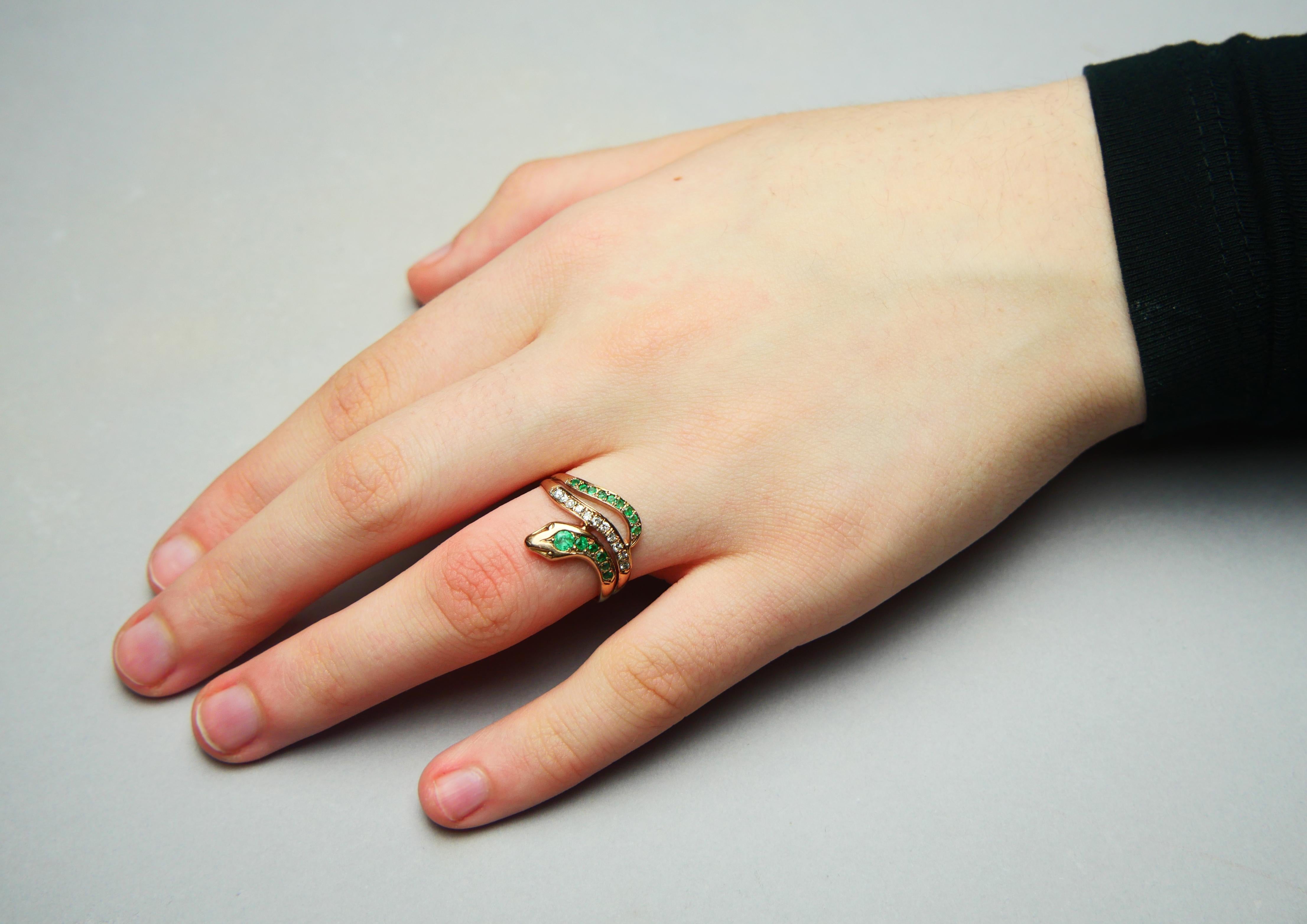 Antique German Snake Ring Emeralds Diamonds solid 9K Gold ØUS 7.75/ 2.61gr 1