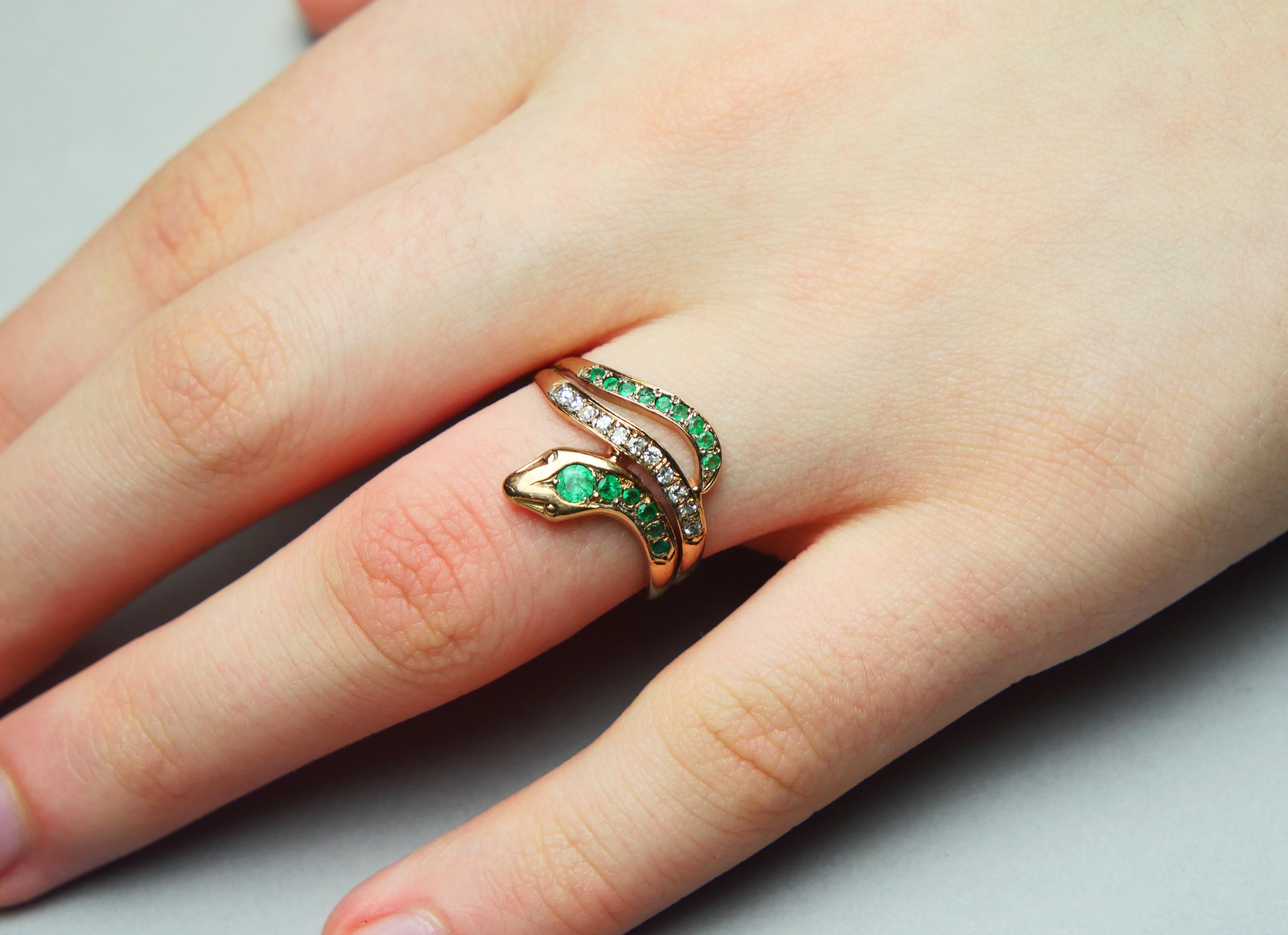 Antique German Snake Ring Emeralds Diamonds solid 9K Gold ØUS 7.75/ 2.61gr 2