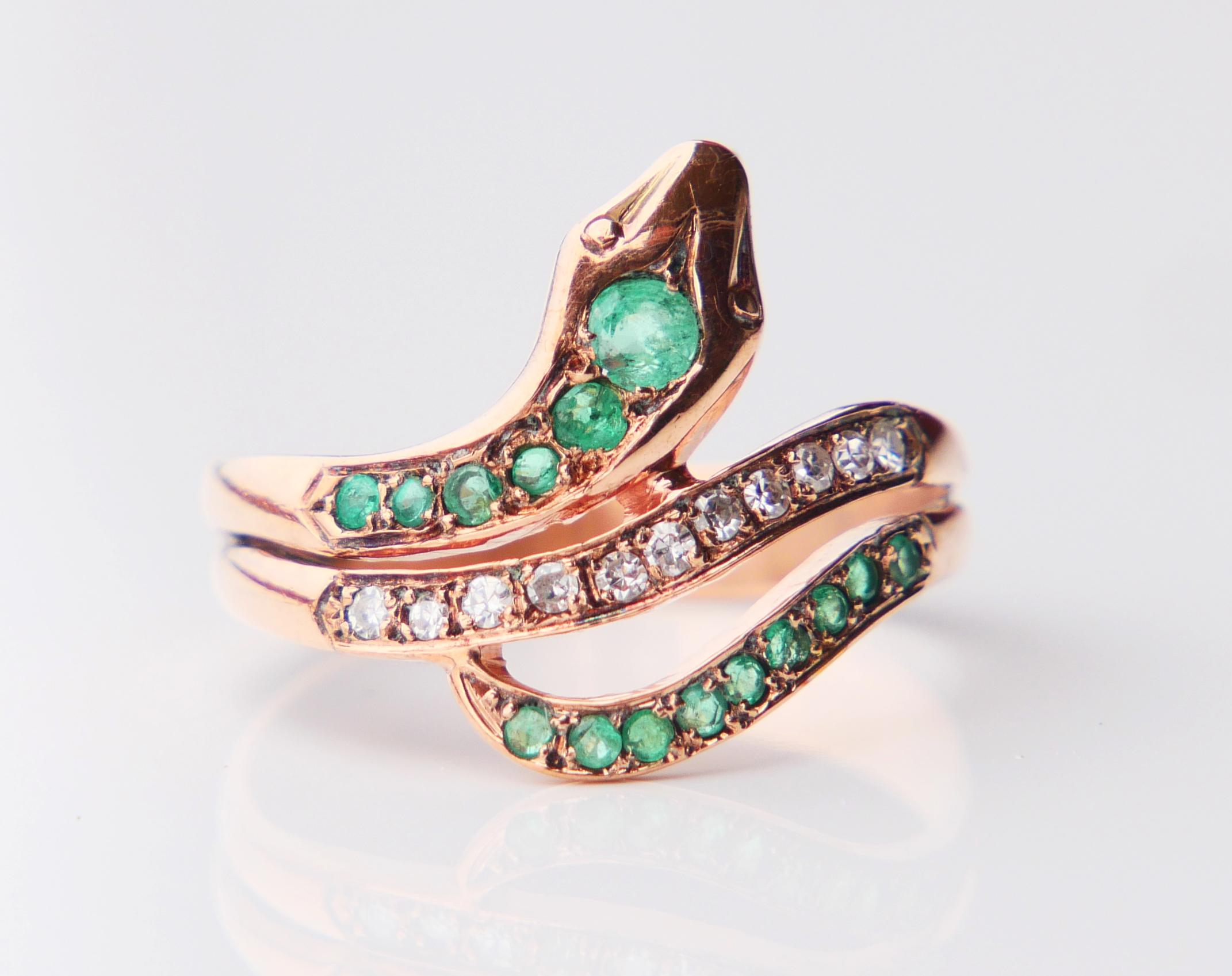 Antique German Snake Ring Emeralds Diamonds solid 9K Gold ØUS 7.75/ 2.61gr 3