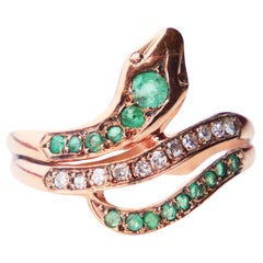 Antique German Snake Ring Emeralds Diamonds solid 9K Gold ØUS 7.75/ 2.61gr