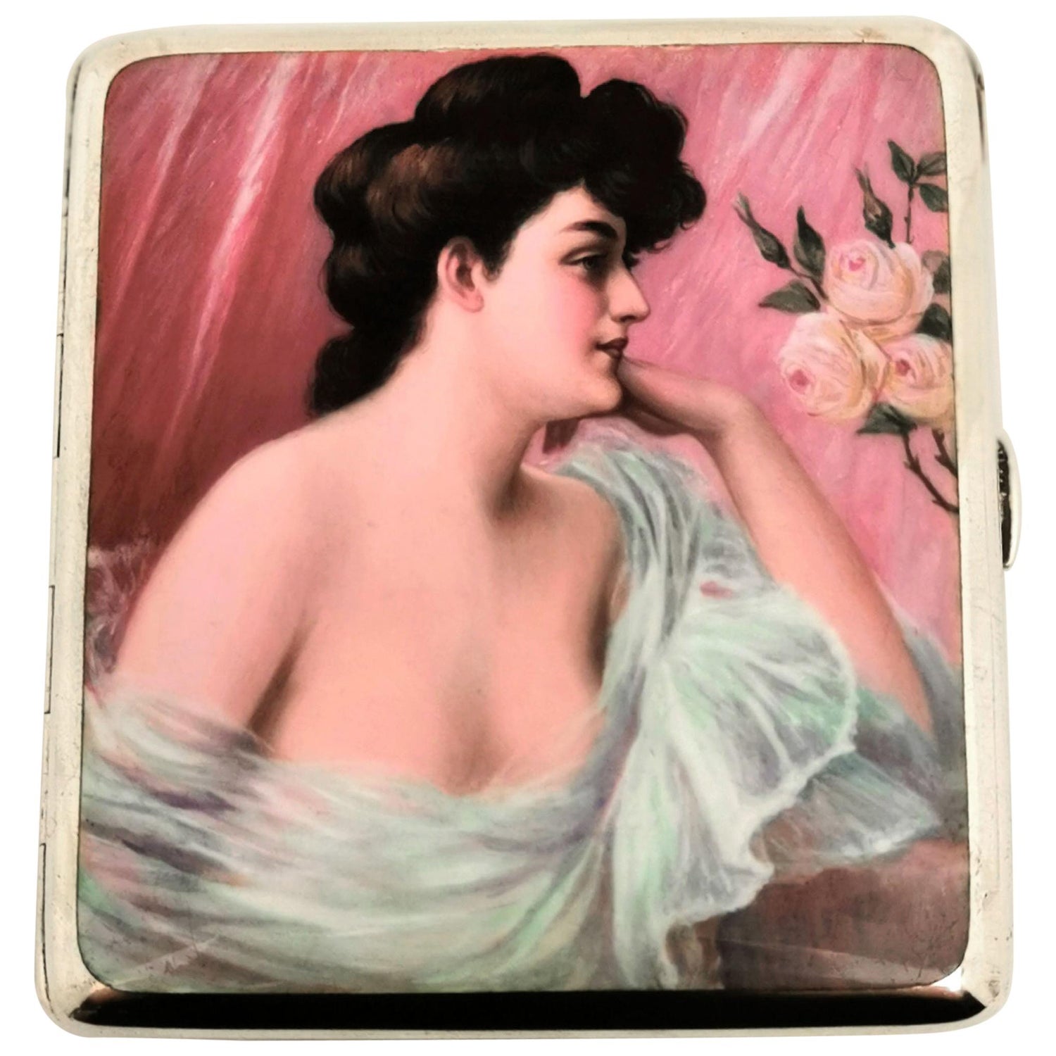 Antique German Solid Silver and Enamel Erotic Cigarette Case c. 1900