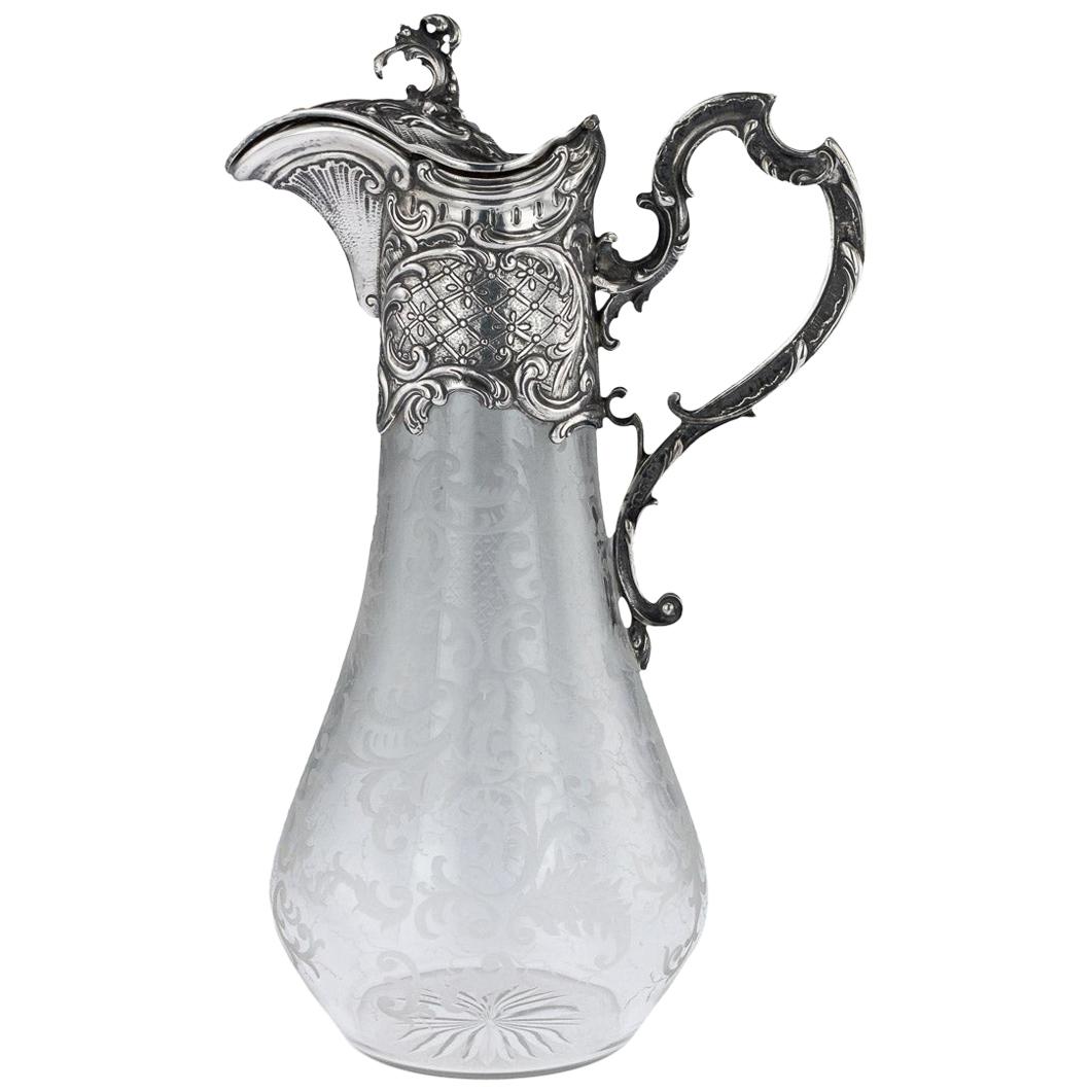 Antique German Solid Silver and Etched Glass Massive Claret Jug, circa 1890