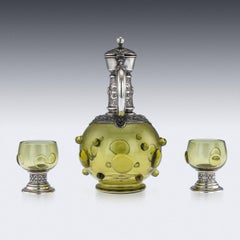 Antique German Solid Silver and Green Glass Claret Jug and Goblets, circa 1890